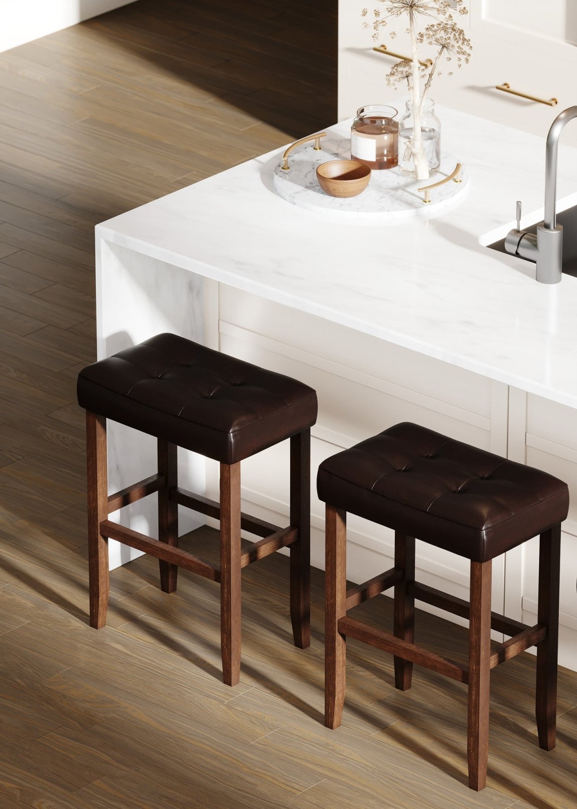 31" Harper bar stool in walnut wood finish with distressed brown vegan leather, set of 2 in Stools by Maven Lane