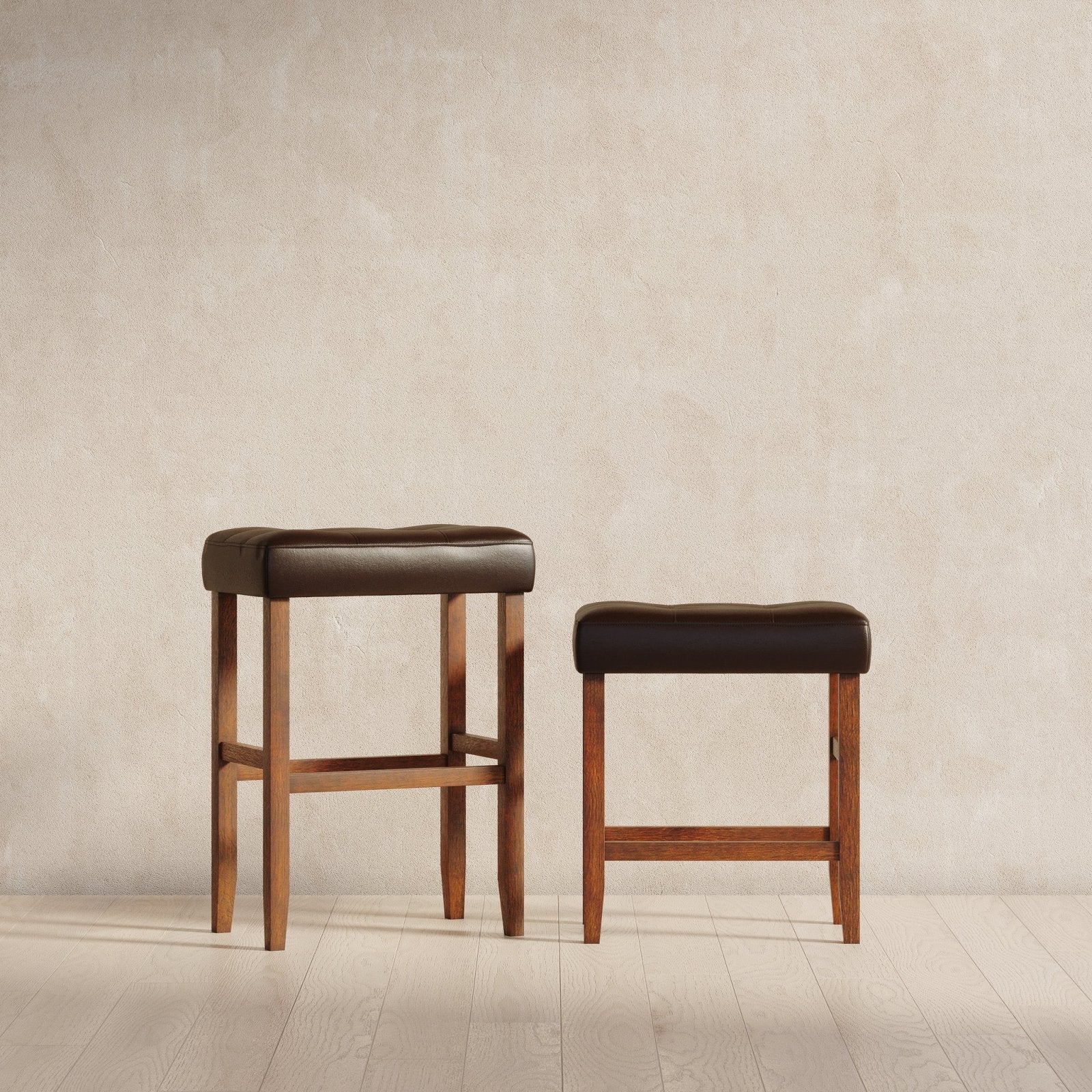 31" Harper bar stool in walnut wood finish with distressed brown vegan leather, set of 2 in Stools by Maven Lane