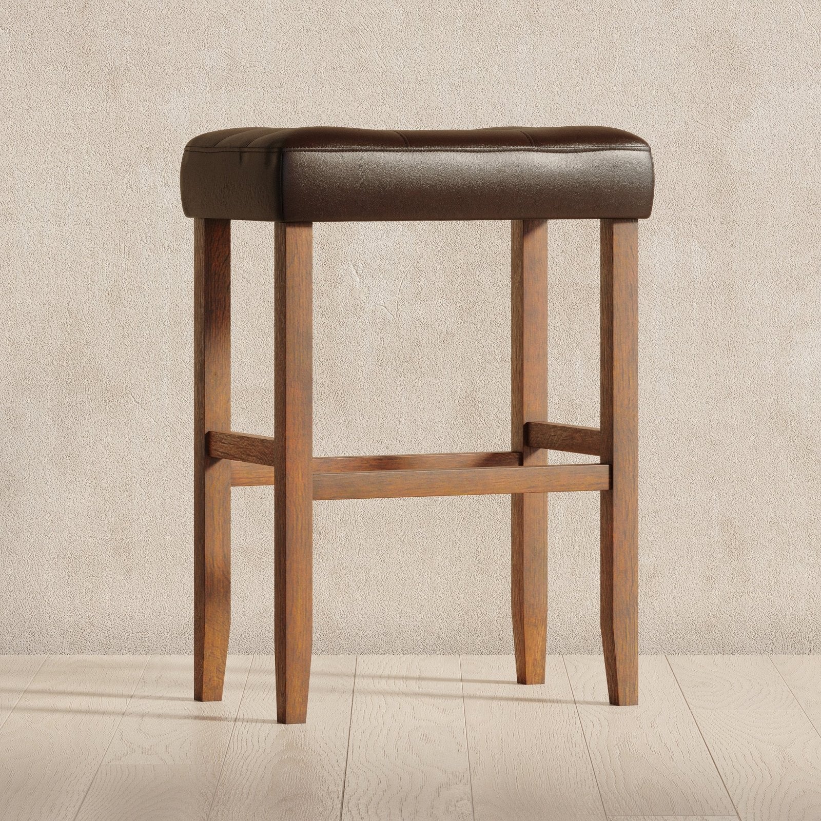 31" Harper bar stool in walnut wood finish with distressed brown vegan leather, set of 2 in Stools by Maven Lane