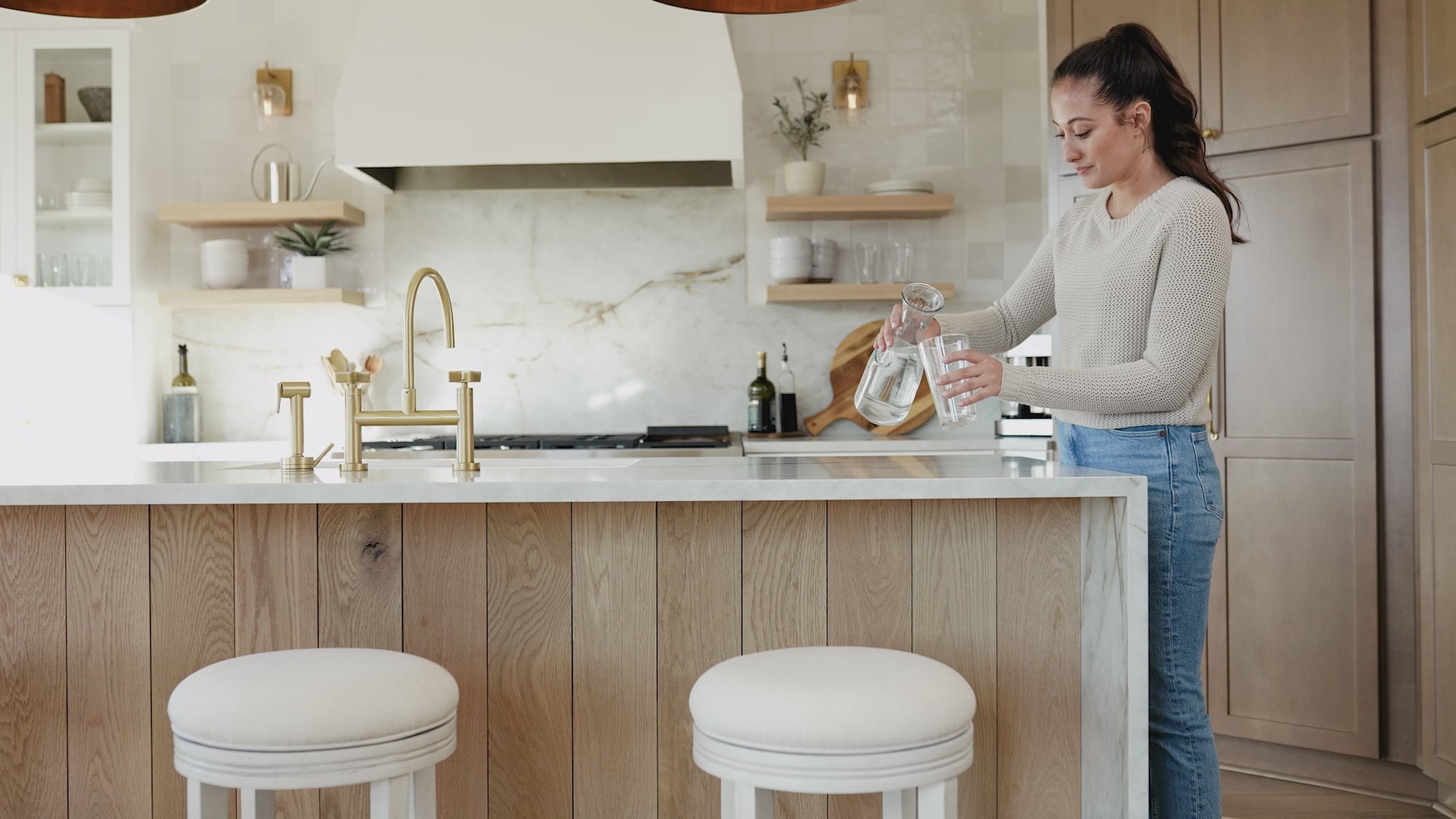 Eva Swivel Bar Stool in White Oak Finish with Natural Fabric Upholstery in Stools by Maven Lane
