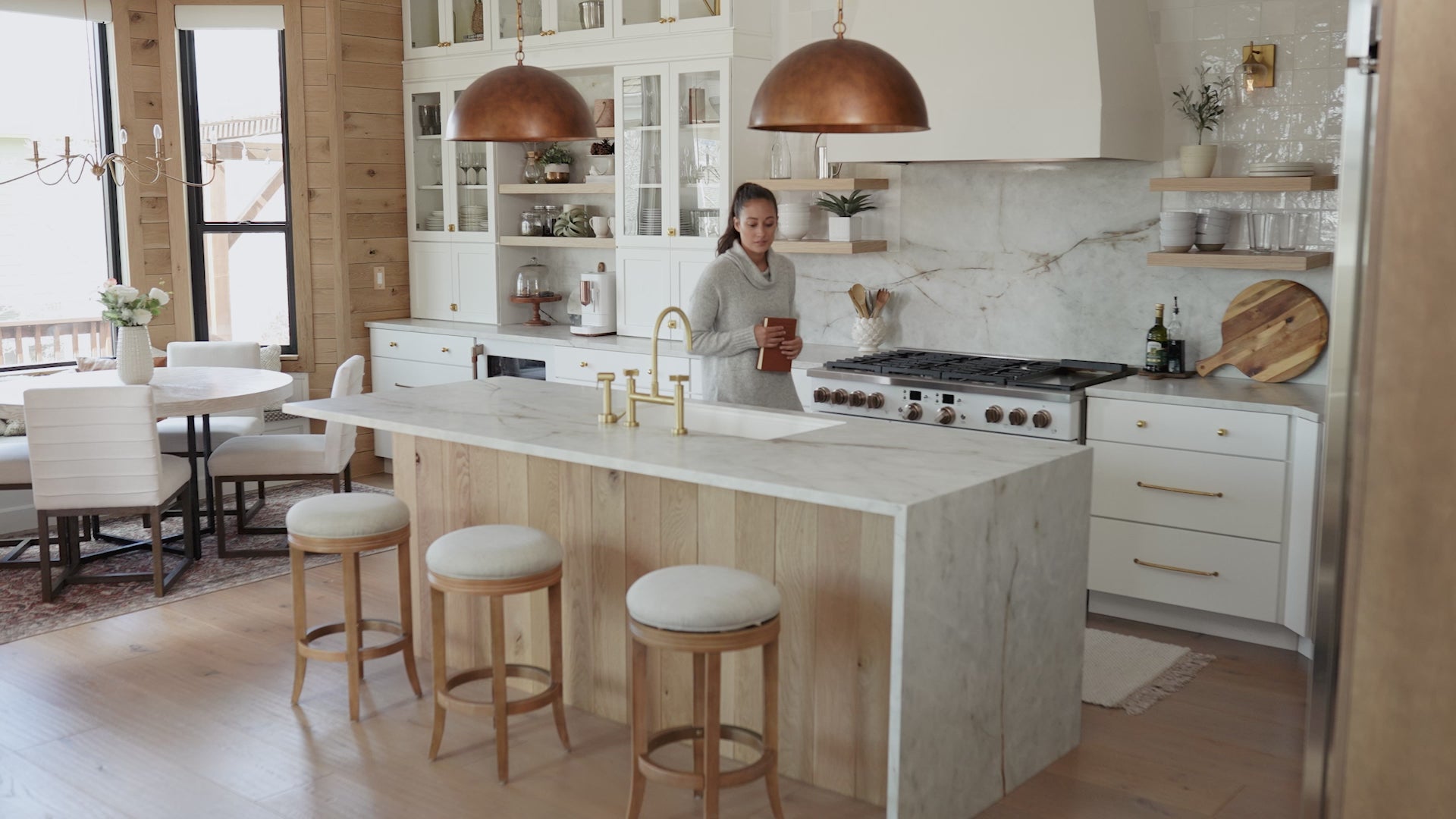 31" Eva Bar Stool in Weathered Oak Finish with Sand Color Fabric Upholstery in Stools by Maven Lane