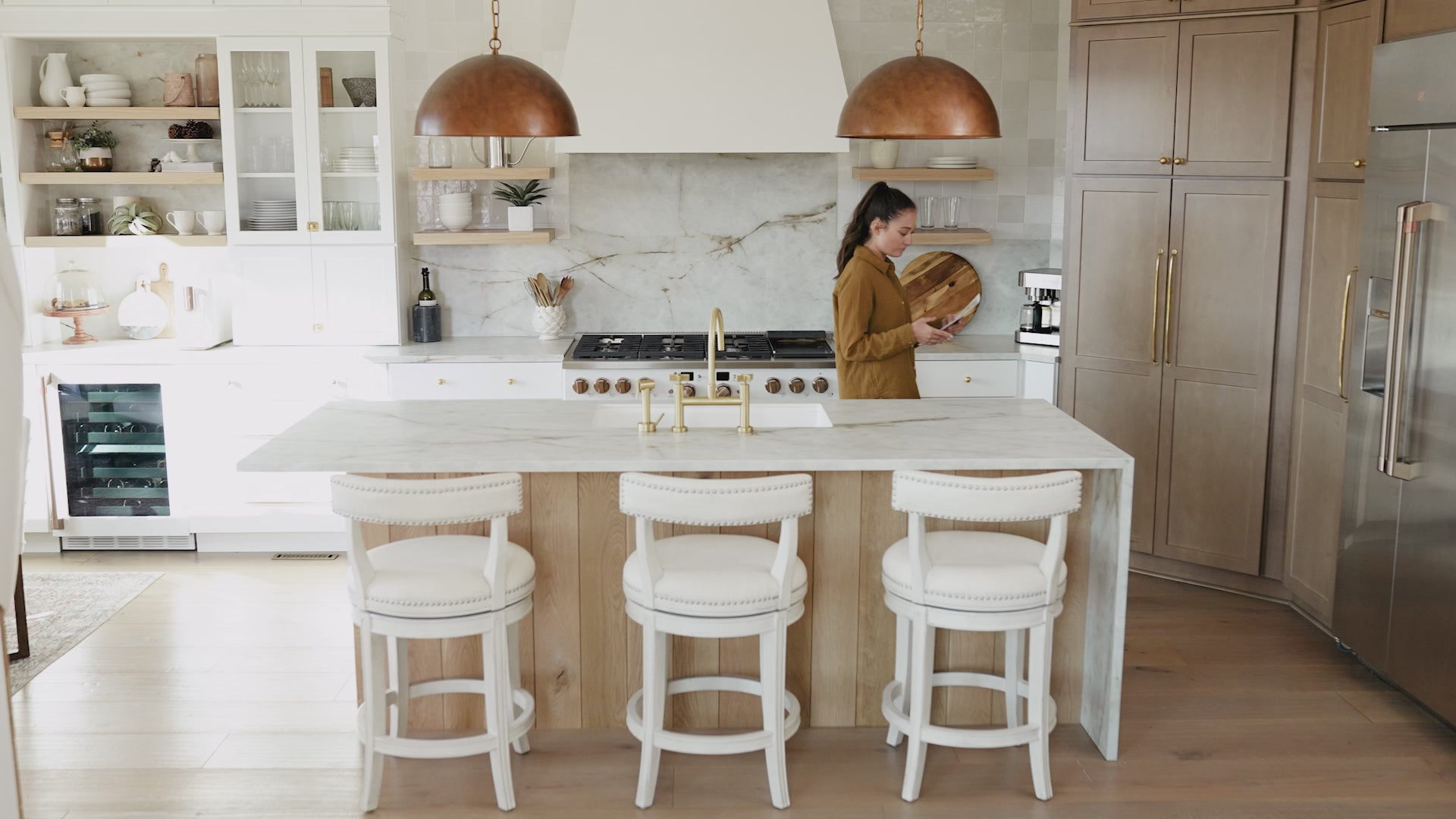 31" Alexander Bar Stool in Cream Finish with Natural Fabric Upholstery in Stools by Maven Lane