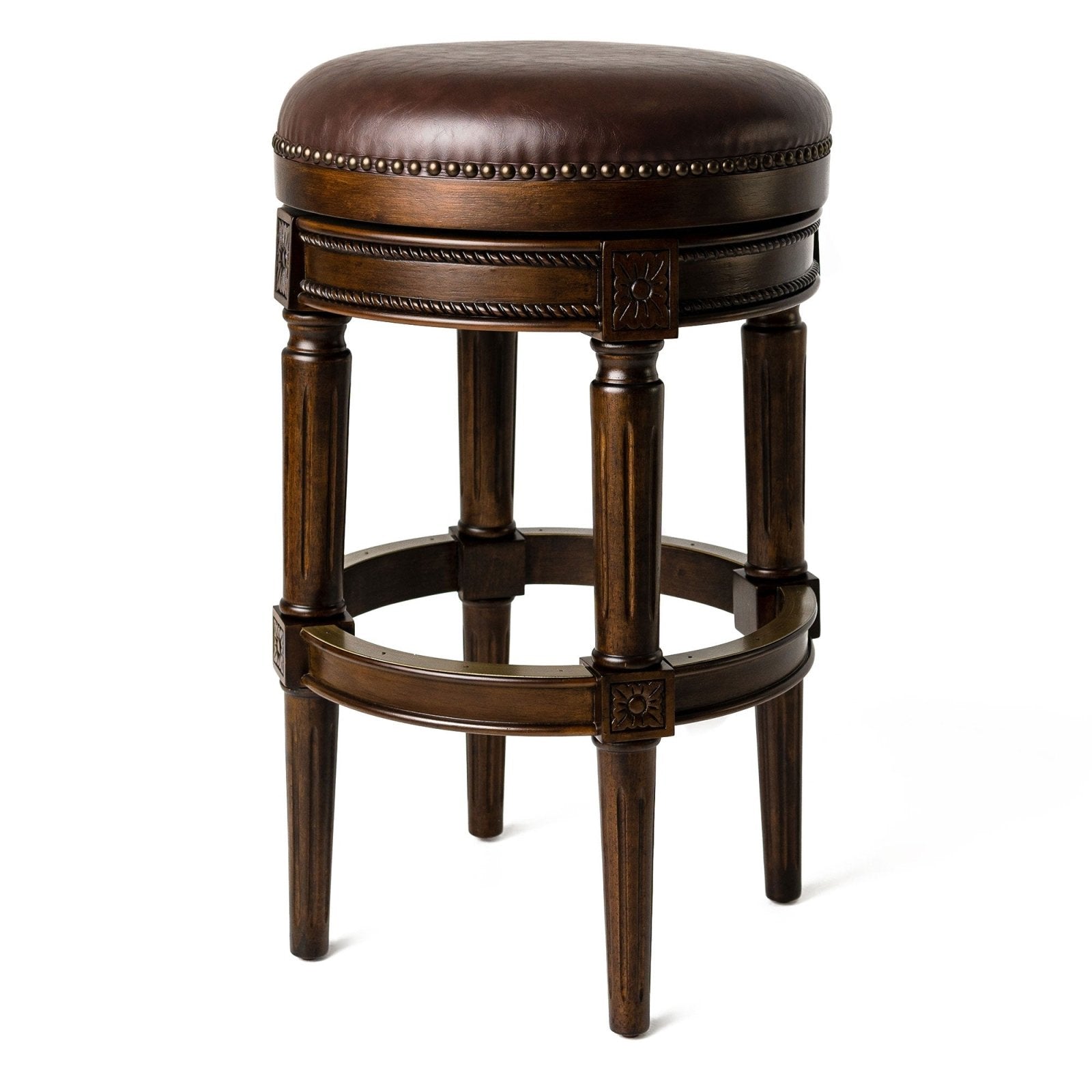 31" Pullman Backless Bar Stool in Dark Walnut Finish with Vintage Brown Vegan Leather in Stools by Maven Lane