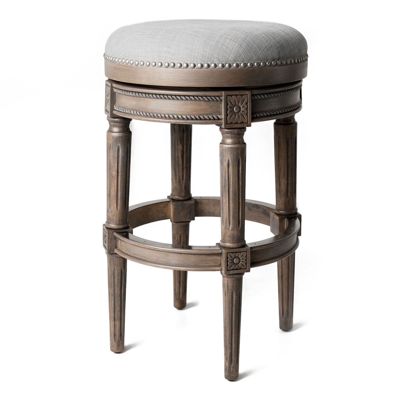 31" Pullman Backless Bar Stool in Reclaimed Oak Finish with Ash Grey Fabric Upholstery in Stools by Maven Lane