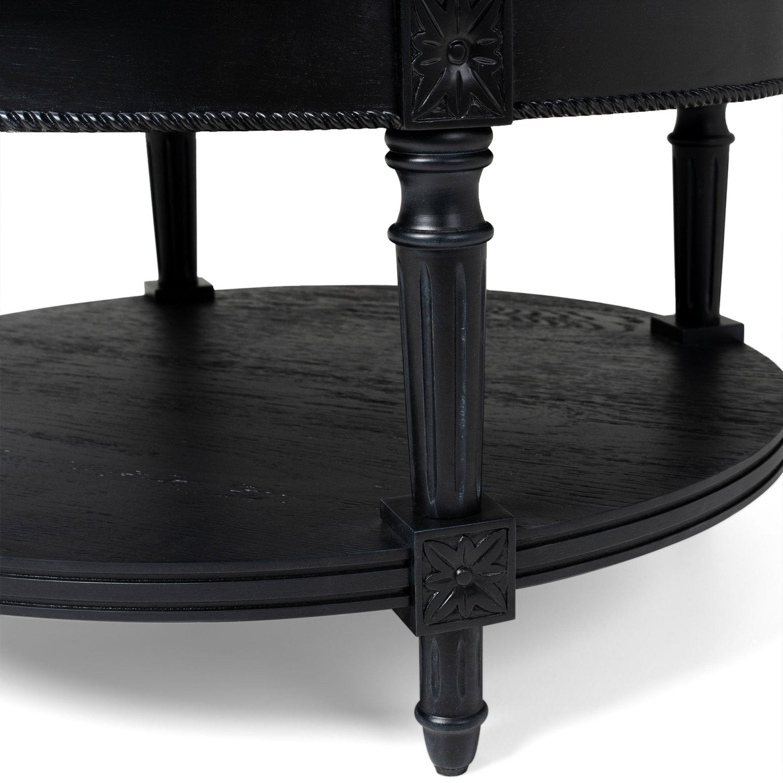 Pullman Traditional Round Wooden Coffee Table in Antiqued Black Finish in Coffee Table by Maven Lane