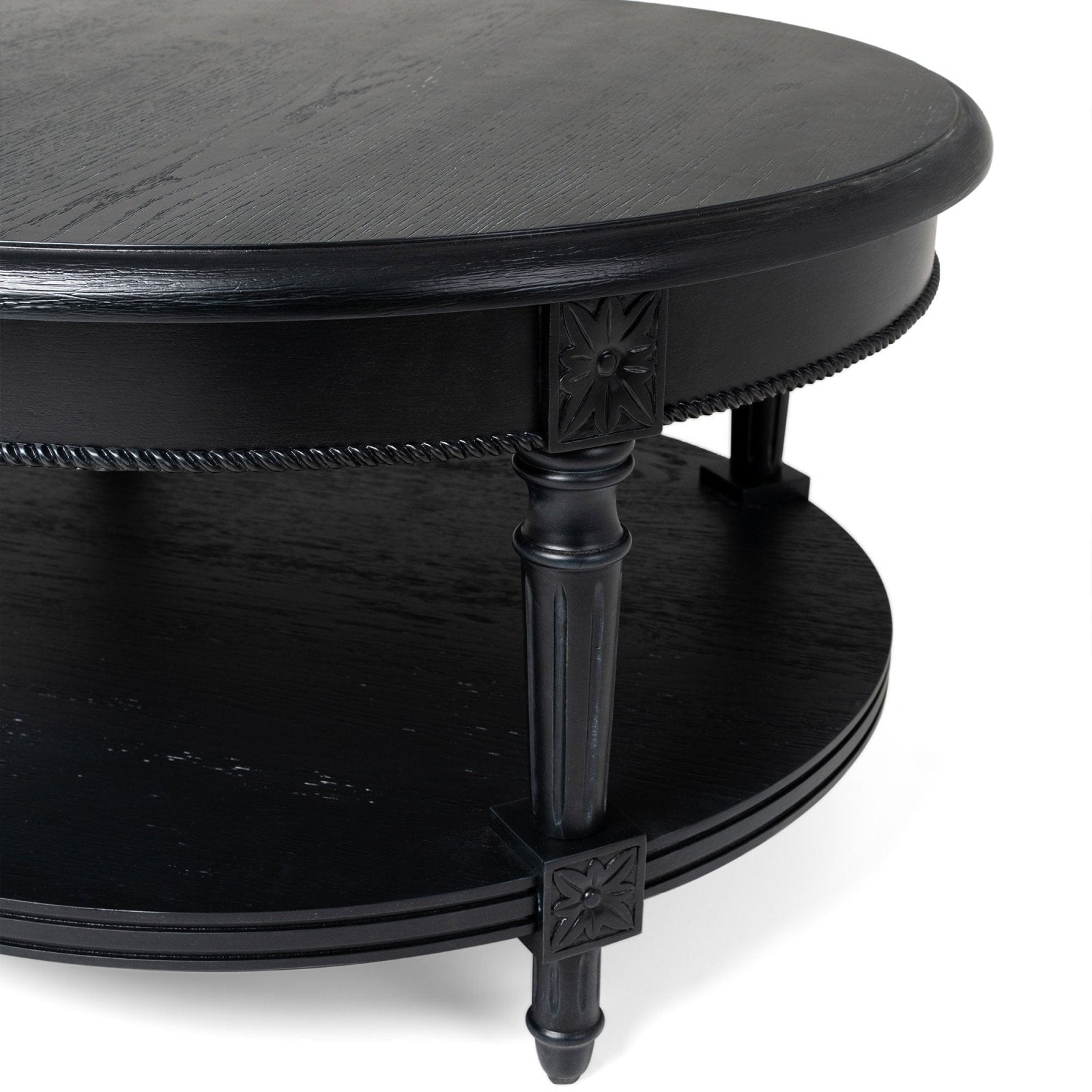 Pullman Traditional Round Wooden Coffee Table in Antiqued Black Finish in Coffee Table by Maven Lane