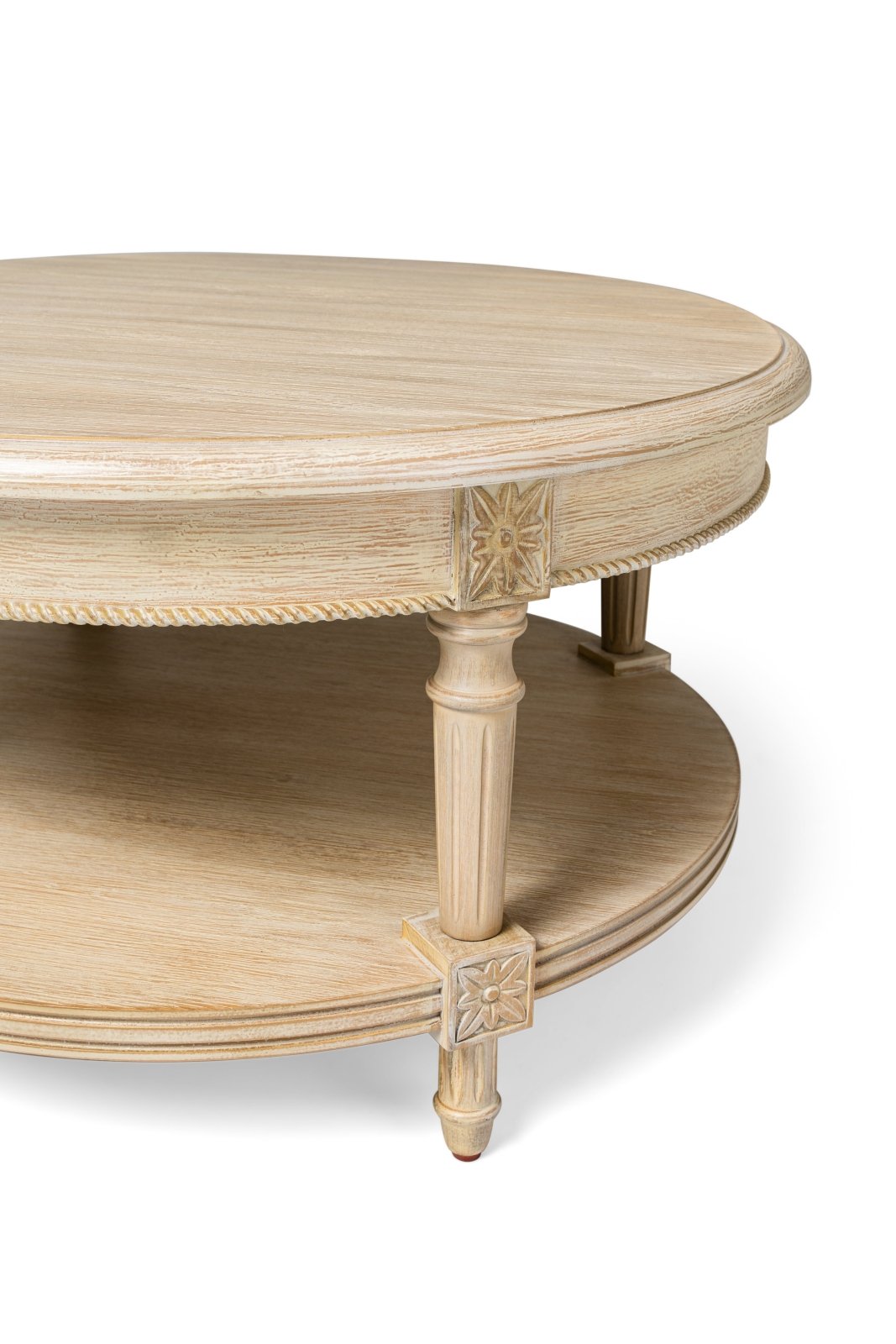 Pullman Traditional Round Wooden Coffee Table in Antiqued White Finish in Accent Tables by Maven Lane