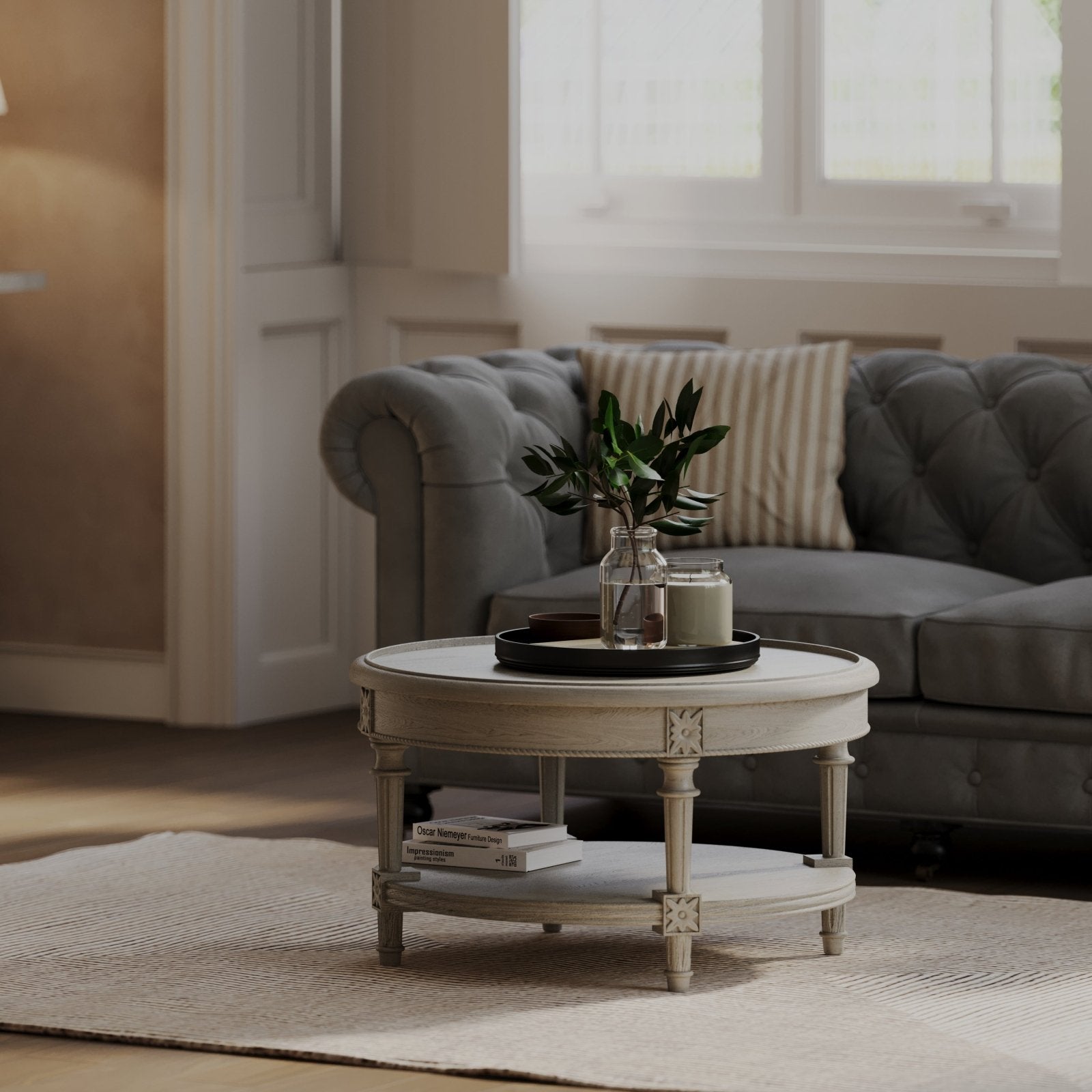 Pullman Traditional Round Wooden Coffee Table in Antiqued White Finish in Accent Tables by Maven Lane