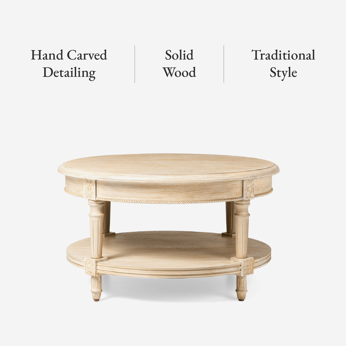 Pullman Traditional Round Wooden Coffee Table in Antiqued White Finish in Accent Tables by Maven Lane