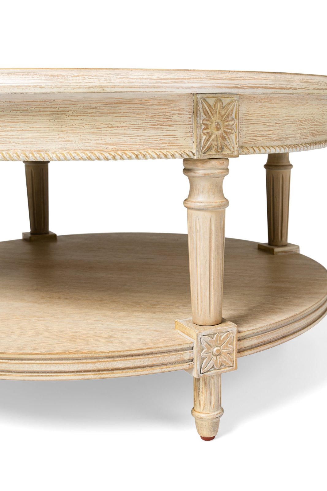 Pullman Traditional Round Wooden Coffee Table in Antiqued White Finish in Accent Tables by Maven Lane