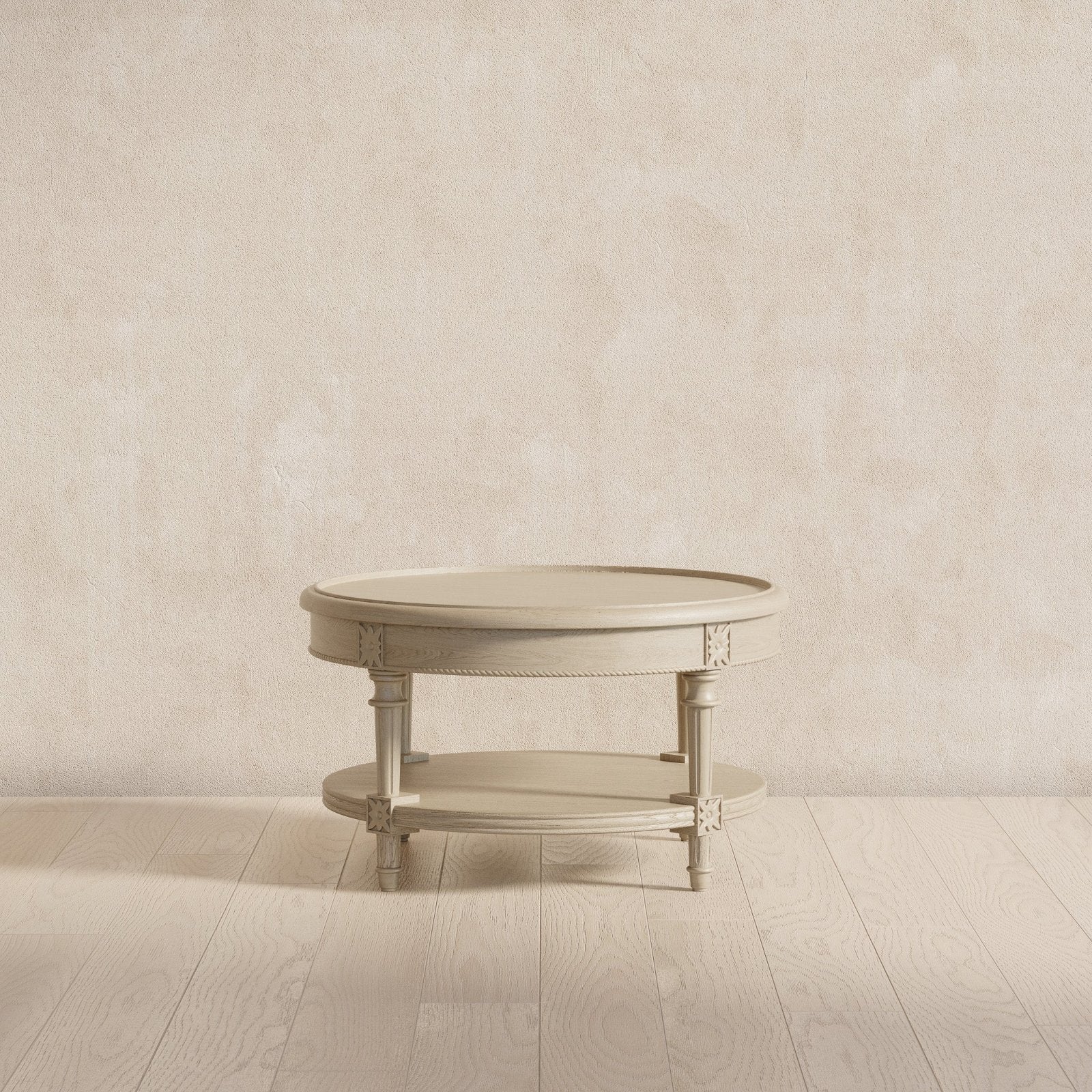 Pullman Traditional Round Wooden Coffee Table in Antiqued White Finish in Accent Tables by Maven Lane