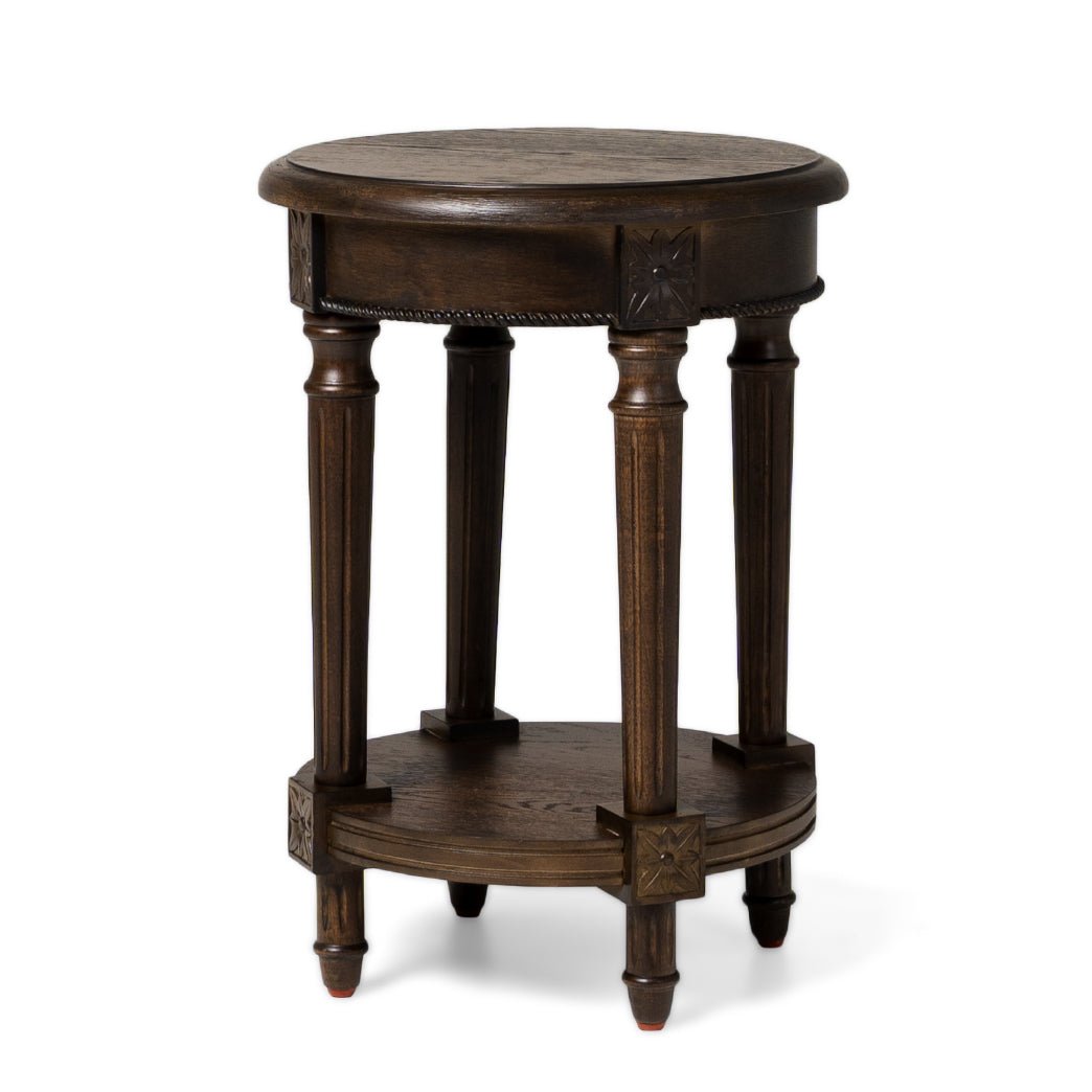 Pullman Traditional Round Wooden Side Table in Antiqued Brown Finish in Accent Tables by Maven Lane