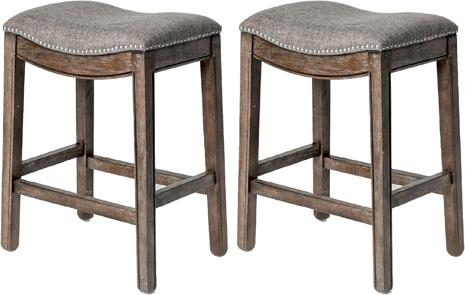 26" Adrien Saddle Counter Stool in Brown Finish with Grey Fabric (Set of 2) in Stools by Maven Lane