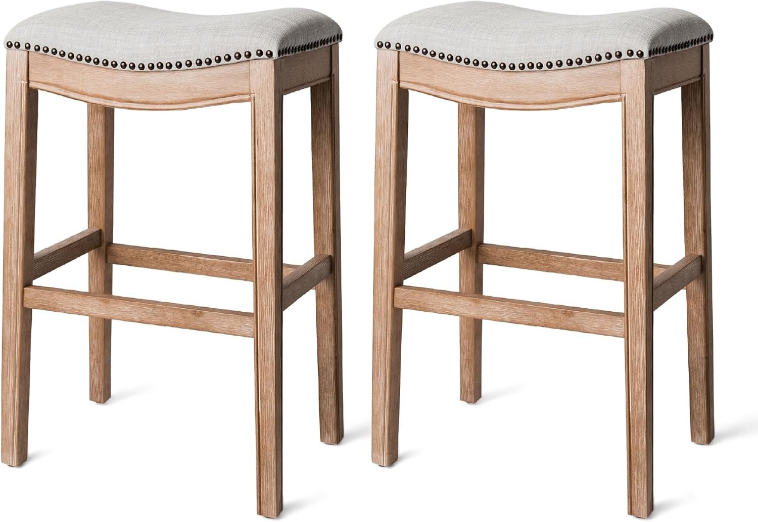 31" Adrien Saddle Bar Stool in Natural Finish with Light Grey Fabric (Set of 2) in Stools by Maven Lane