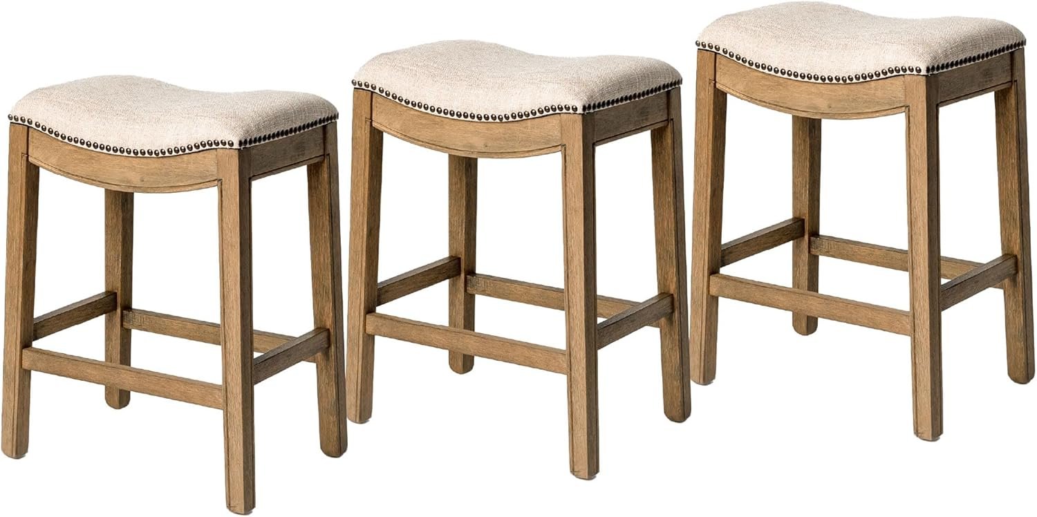 26" Adrien Saddle Counter Stool in Light Brown Finish with Natural Fabric (Set of 3) in Stools by Maven Lane