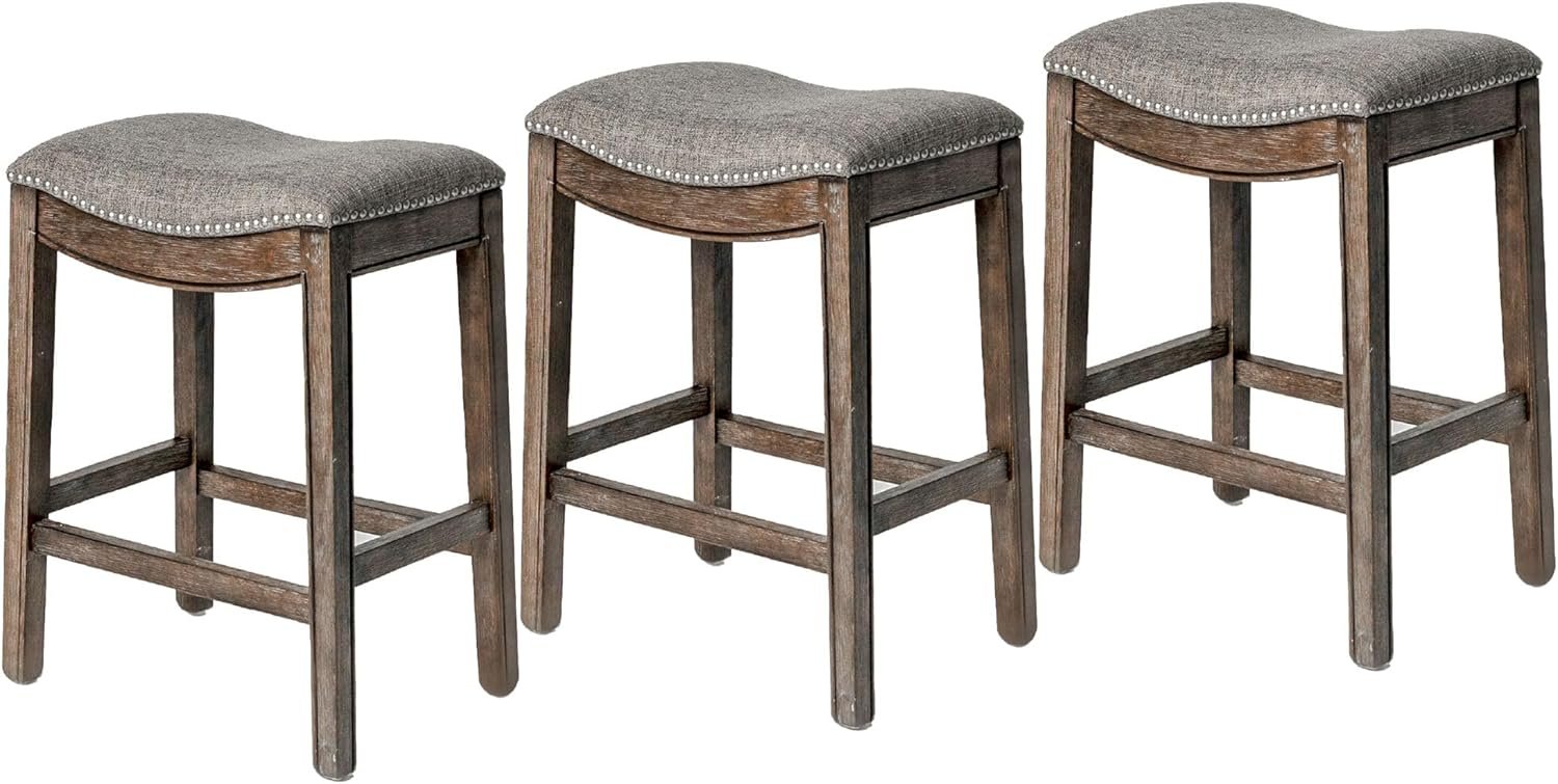 26" Adrien Saddle Counter Stool in Brown Finish with Grey Fabric (Set of 3) in Stools by Maven Lane