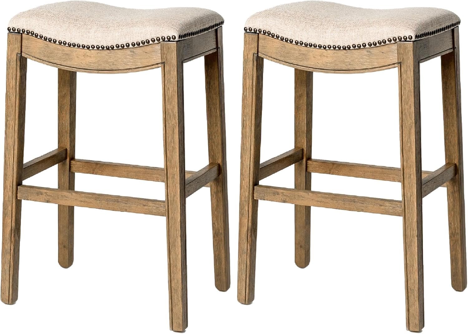 31" Adrien Saddle Bar Stool in Light Brown Finish with Natural Fabric (Set of 2) in Stools by Maven Lane