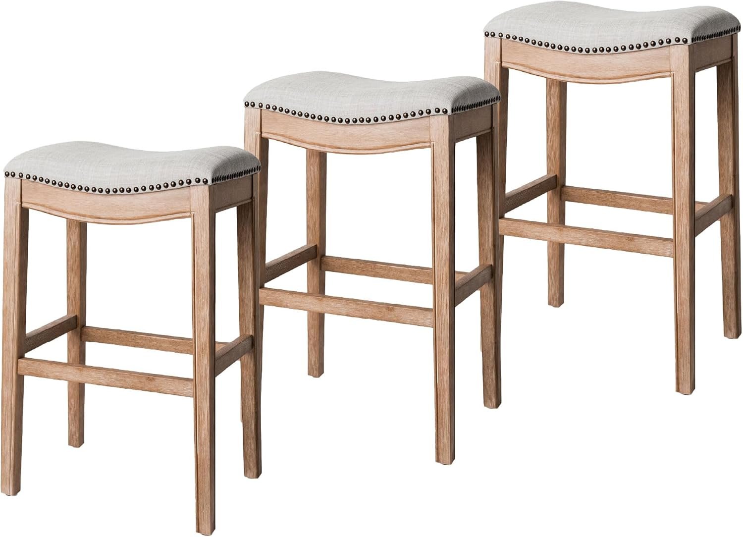 31" Adrien Saddle Bar Stool in Natural Finish with Light Grey Fabric (Set of 3) in Stools by Maven Lane