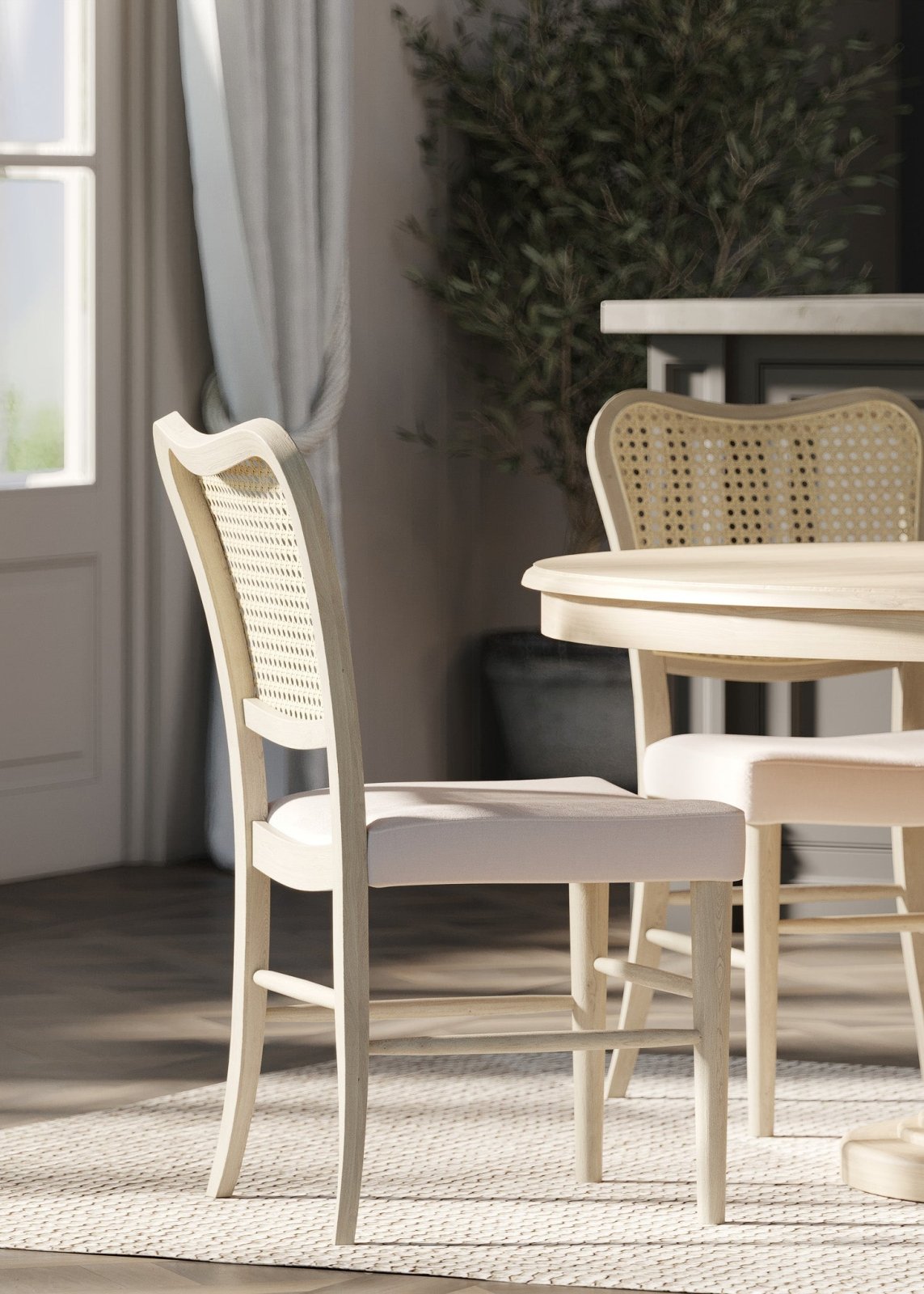 Vera Classical Wooden Dining Chair In Antiqued White Finish With Cream Weave Fabric Upholstery, Set Of 2 in Maven Lane by Maven Lane