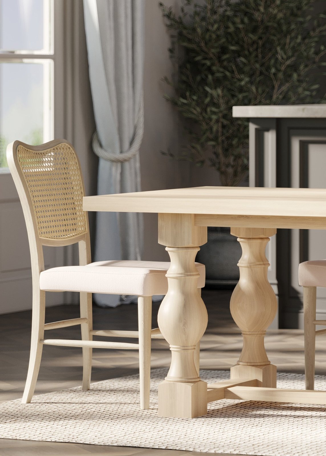 Vera Classical Wooden Dining Chair In Antiqued White Finish With Cream Weave Fabric Upholstery, Set Of 2 in Maven Lane by Maven Lane