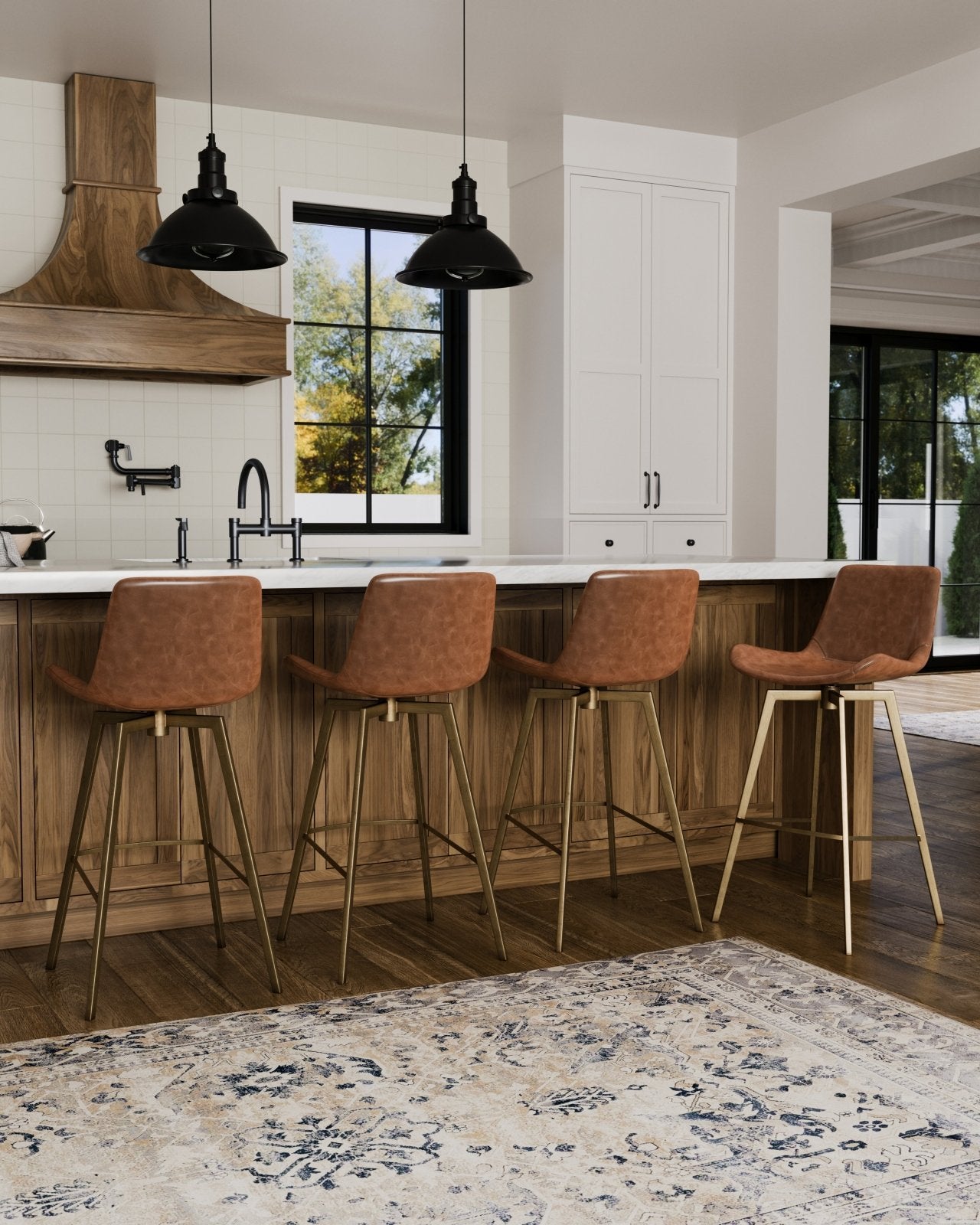 30" Victor Bar Stool in Antiqued Brass Frame with Cocoa Brown Vegan Leather in Maven Lane by Maven Lane
