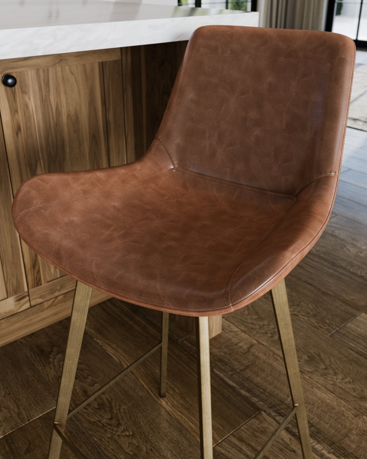 30" Victor Bar Stool in Antiqued Brass Frame with Cocoa Brown Vegan Leather in Maven Lane by Maven Lane