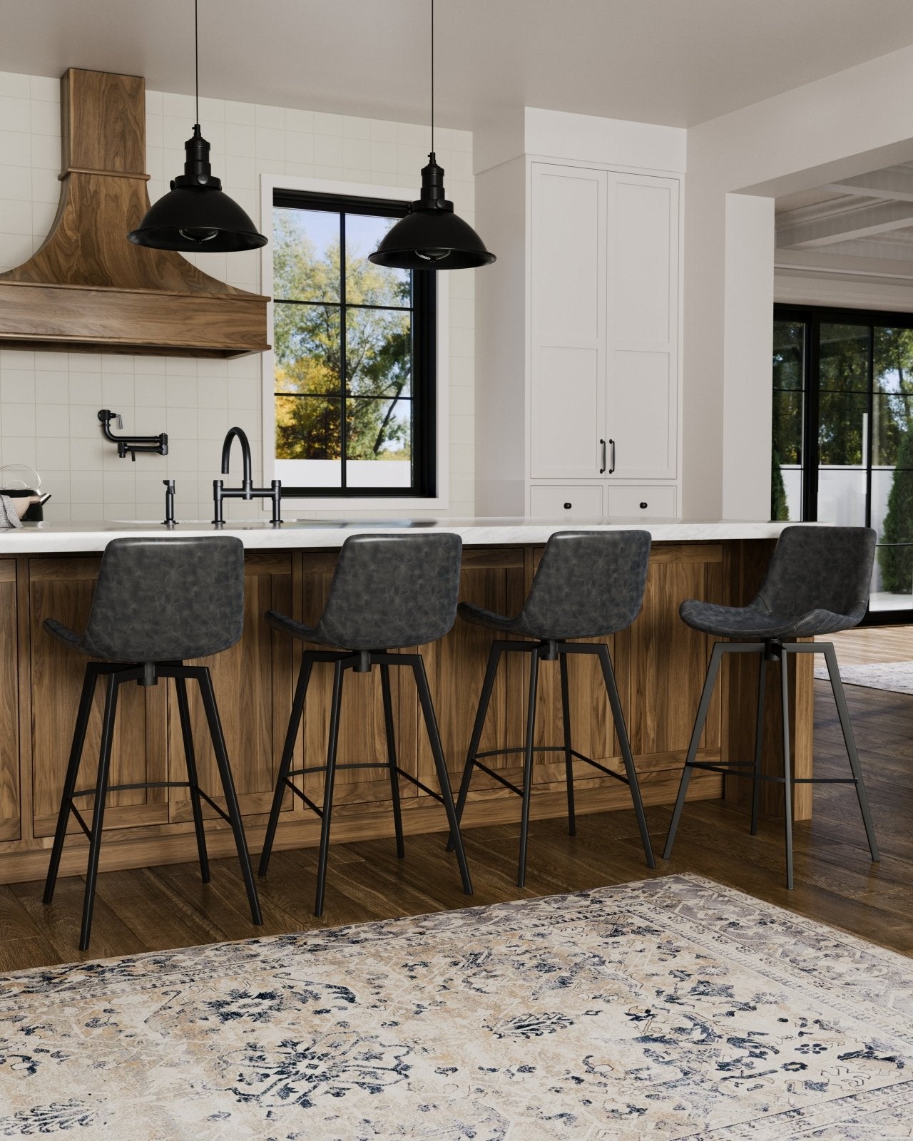 30" Victor Bar Stool in Matte Black Frame with Charcoal Vegan Leather in Stools by Maven Lane