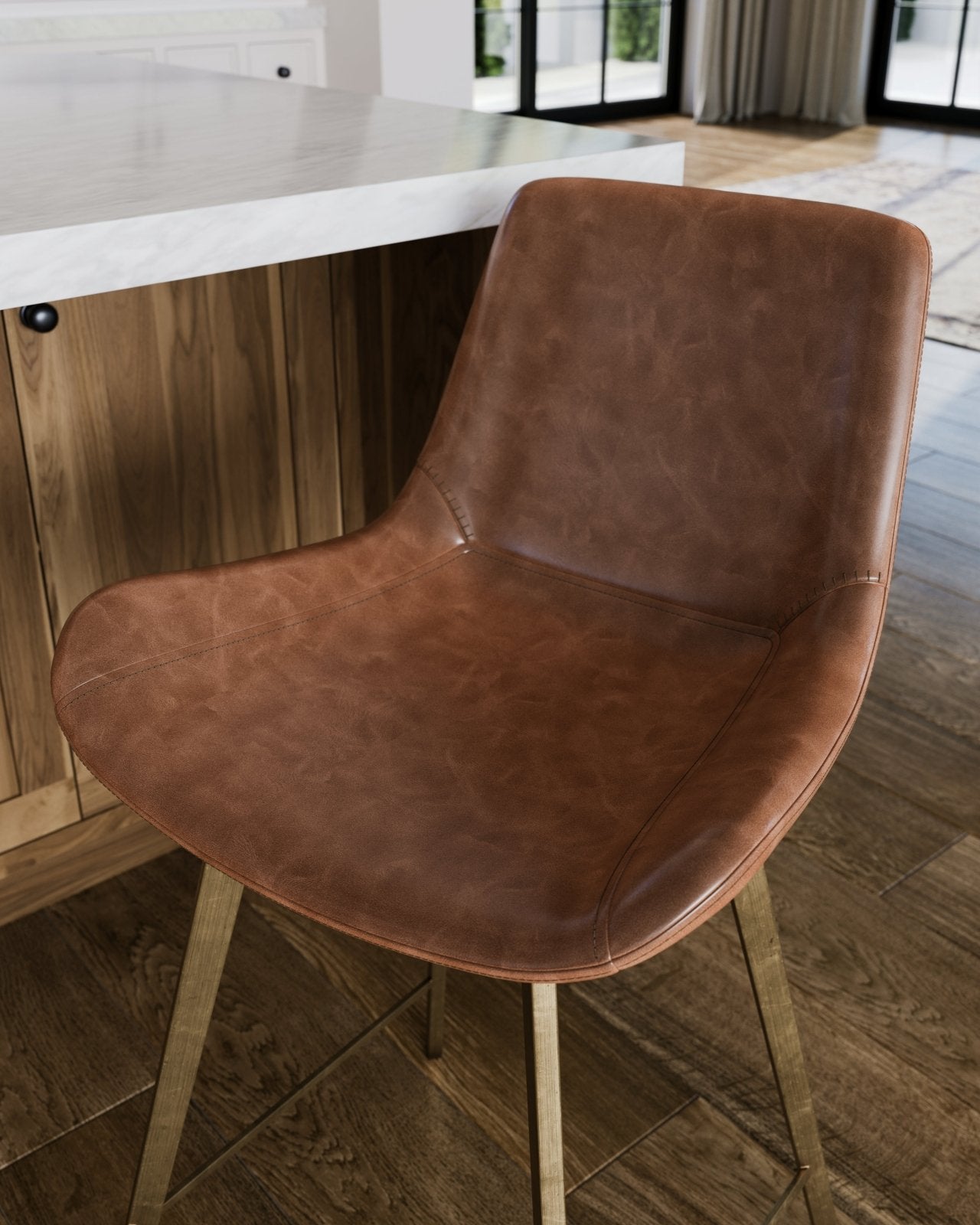 26" Victor Counter Stool in Antiqued Brass Frame with Cocoa Brown Vegan Leather in Maven Lane by Maven Lane