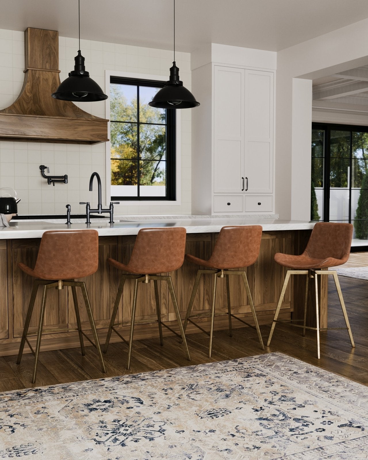 26" Victor Counter Stool in Antiqued Brass Frame with Cocoa Brown Vegan Leather in Maven Lane by Maven Lane