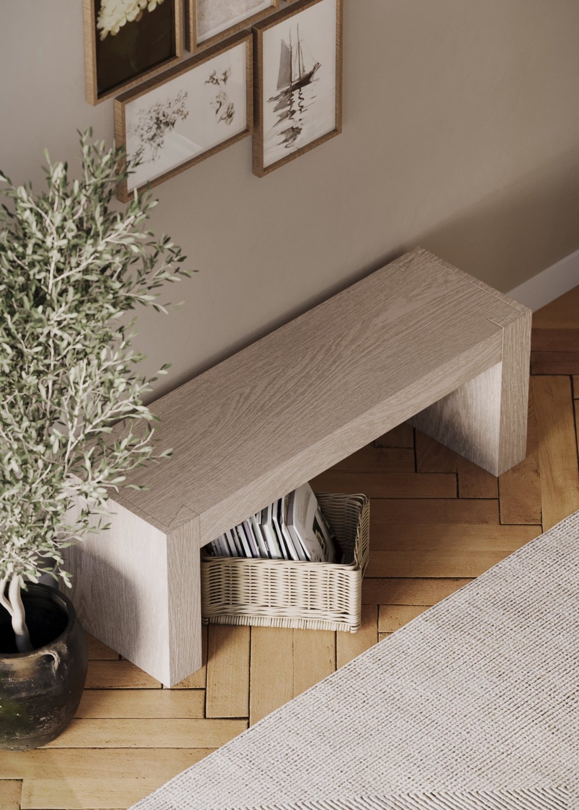 Zeno Organic Wooden Bench in Weathered Grey Finish in Bench by Maven Lane