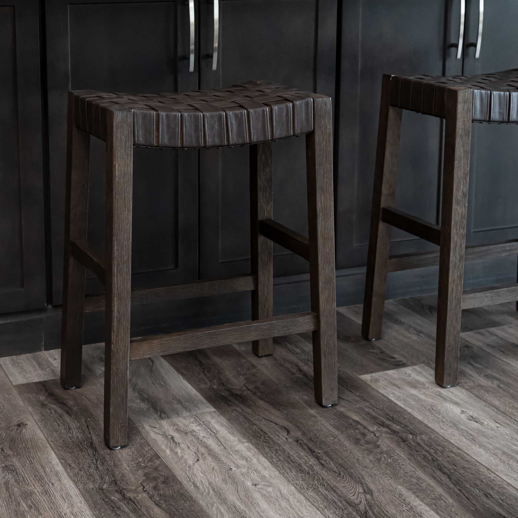Emerson Counter Height Kitchen Stool - Weathered Brown Wood Finish With Marksman Saddle Vegan Leather