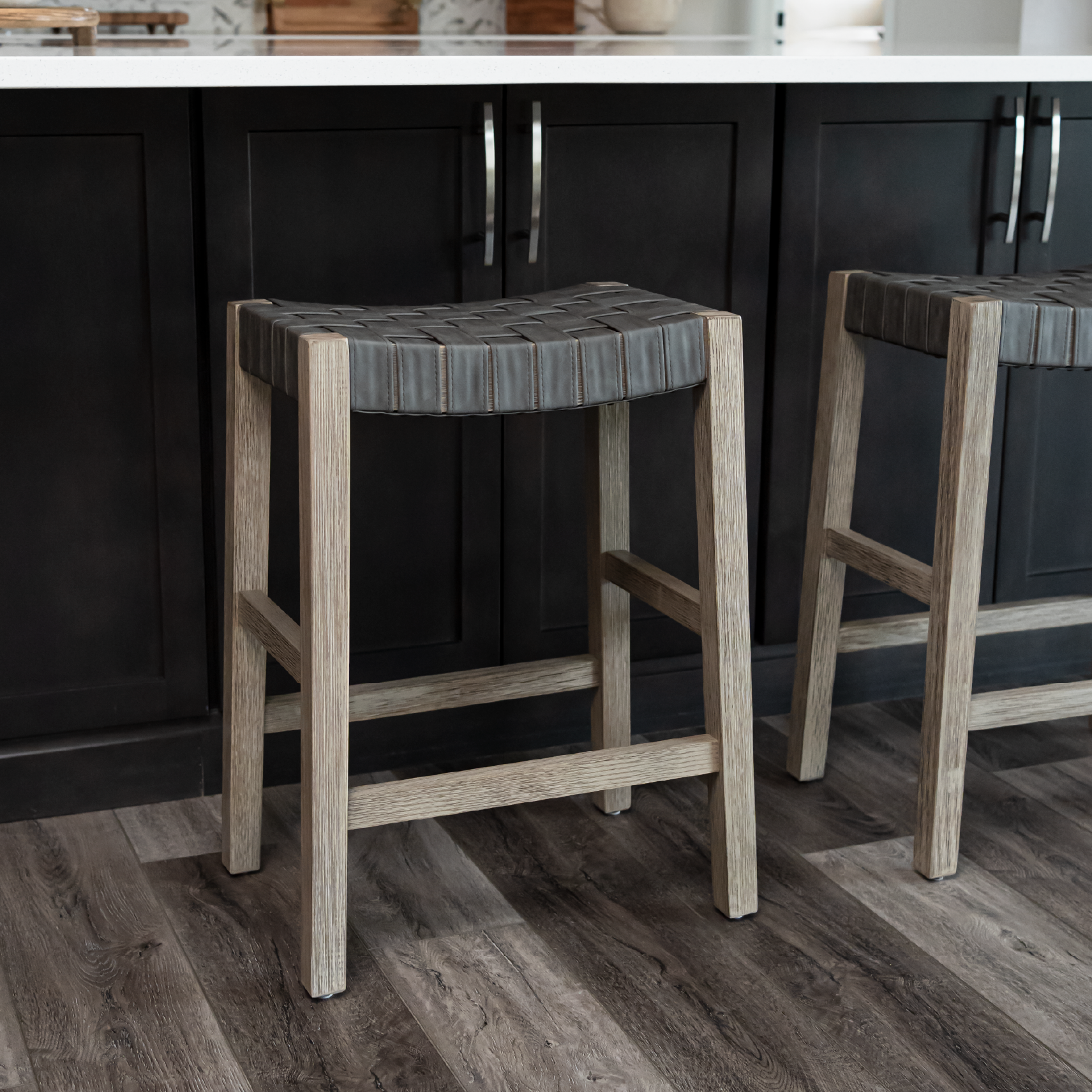 Emerson Counter Height Kitchen Stool - Weathered Grey Wood Finish With Ronan Stone Vegan Leather