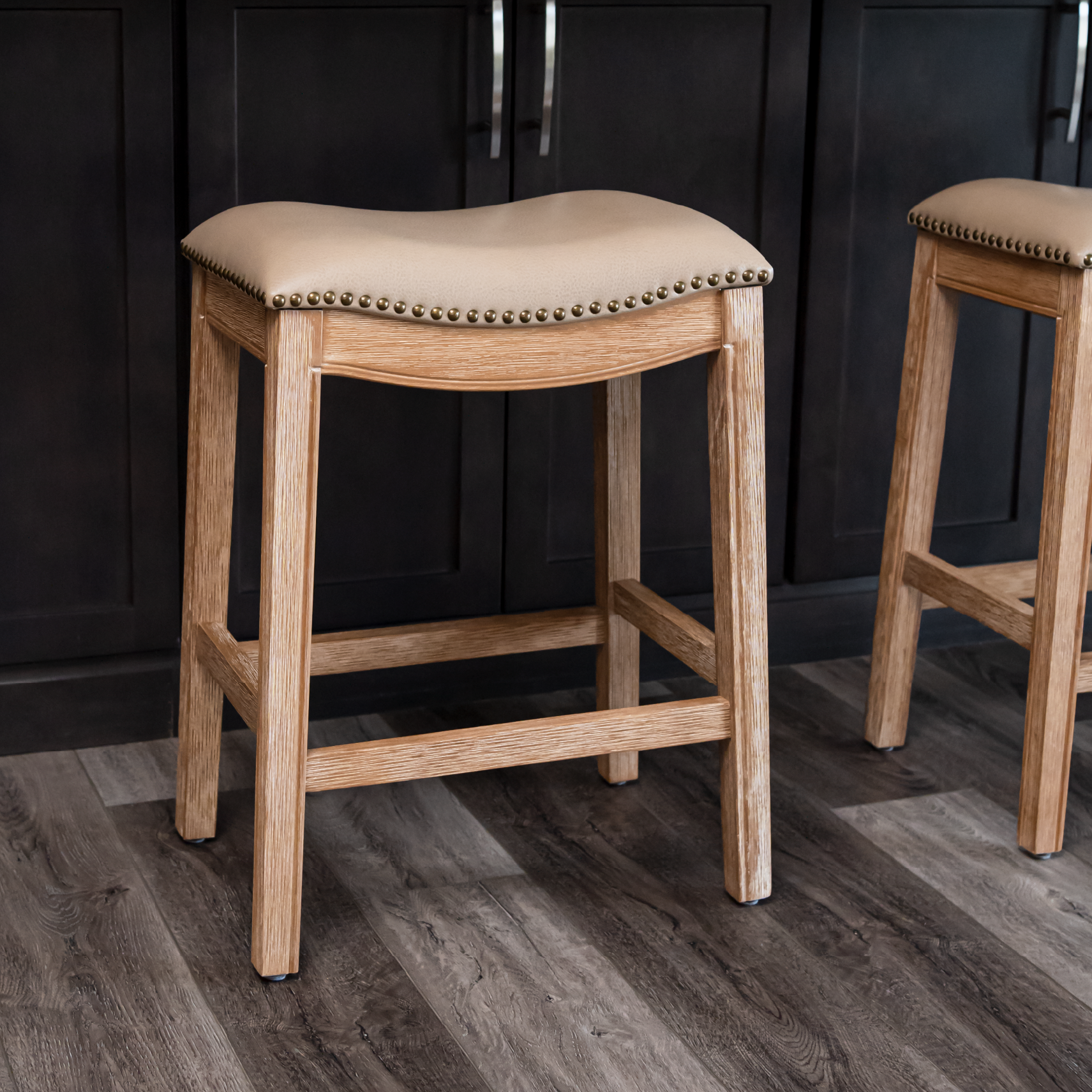Adrien Saddle Counter Height Kitchen Stool - Weathered Oak Finish with Avanti Bone Vegan Leather