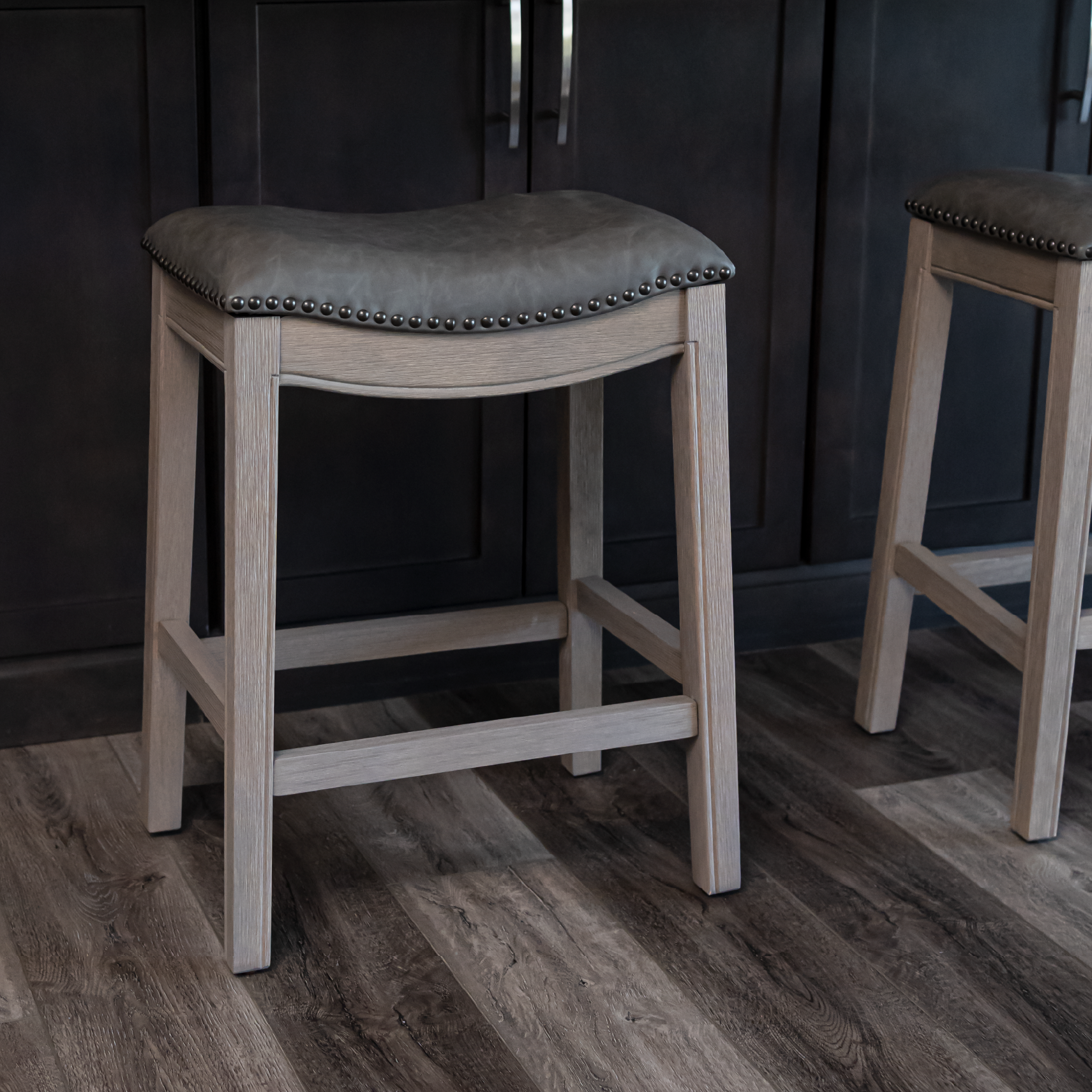 Adrien Saddle Counter Height Kitchen Stool - Reclaimed Oak Finish With Ronan Stone Vegan Leather