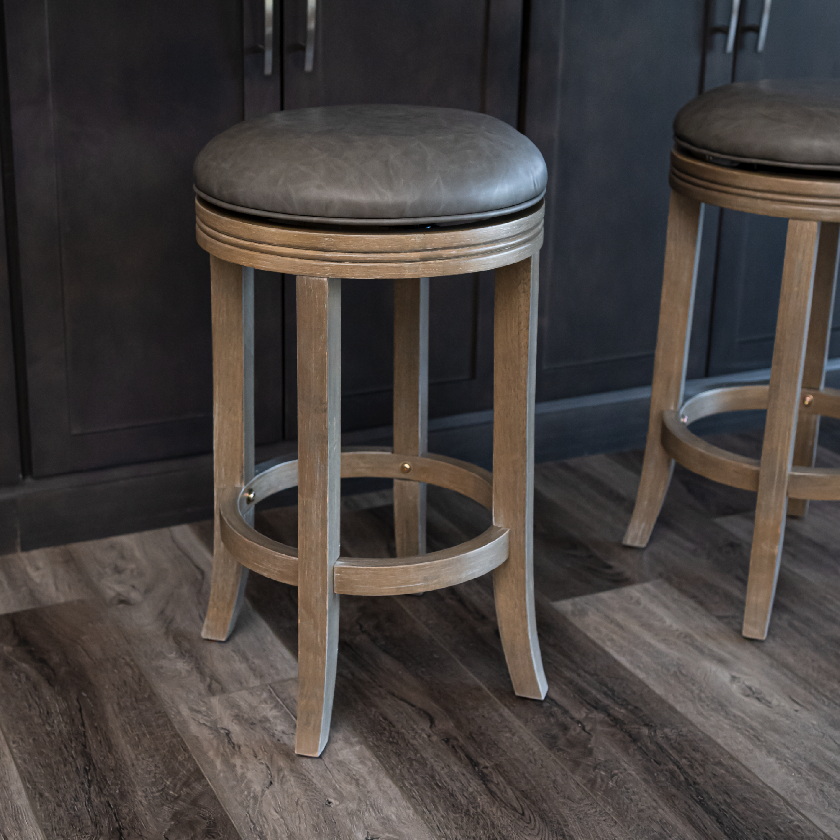Eva Swivel Counter Height Kitchen Stool - Reclaimed Oak Finish with Ronan Stone Vegan Leather in Stools by Maven Lane