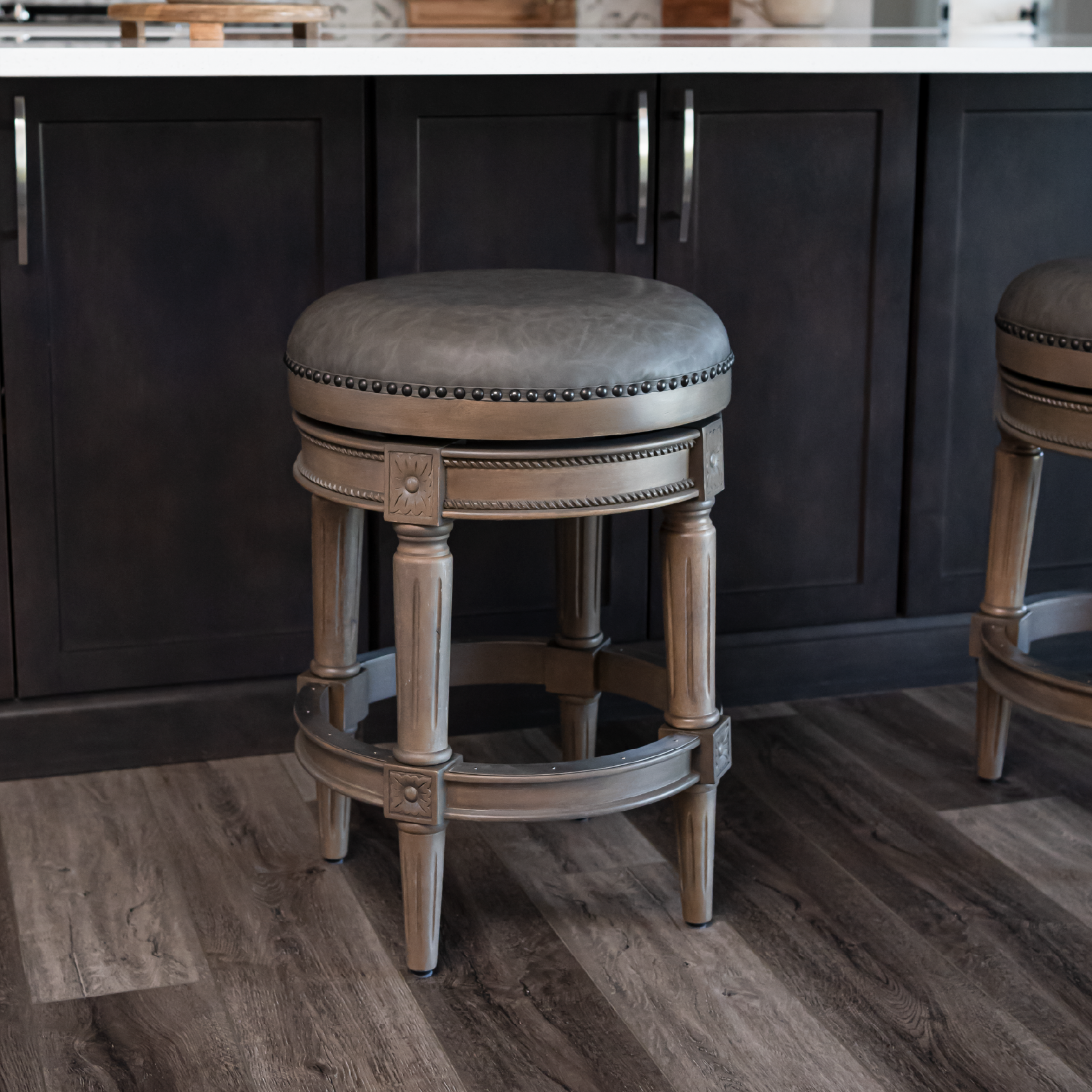 Pullman Backless Swivel Counter Height Kitchen Stool - Reclaimed Oak Finish With Ronan Stone Vegan Leather