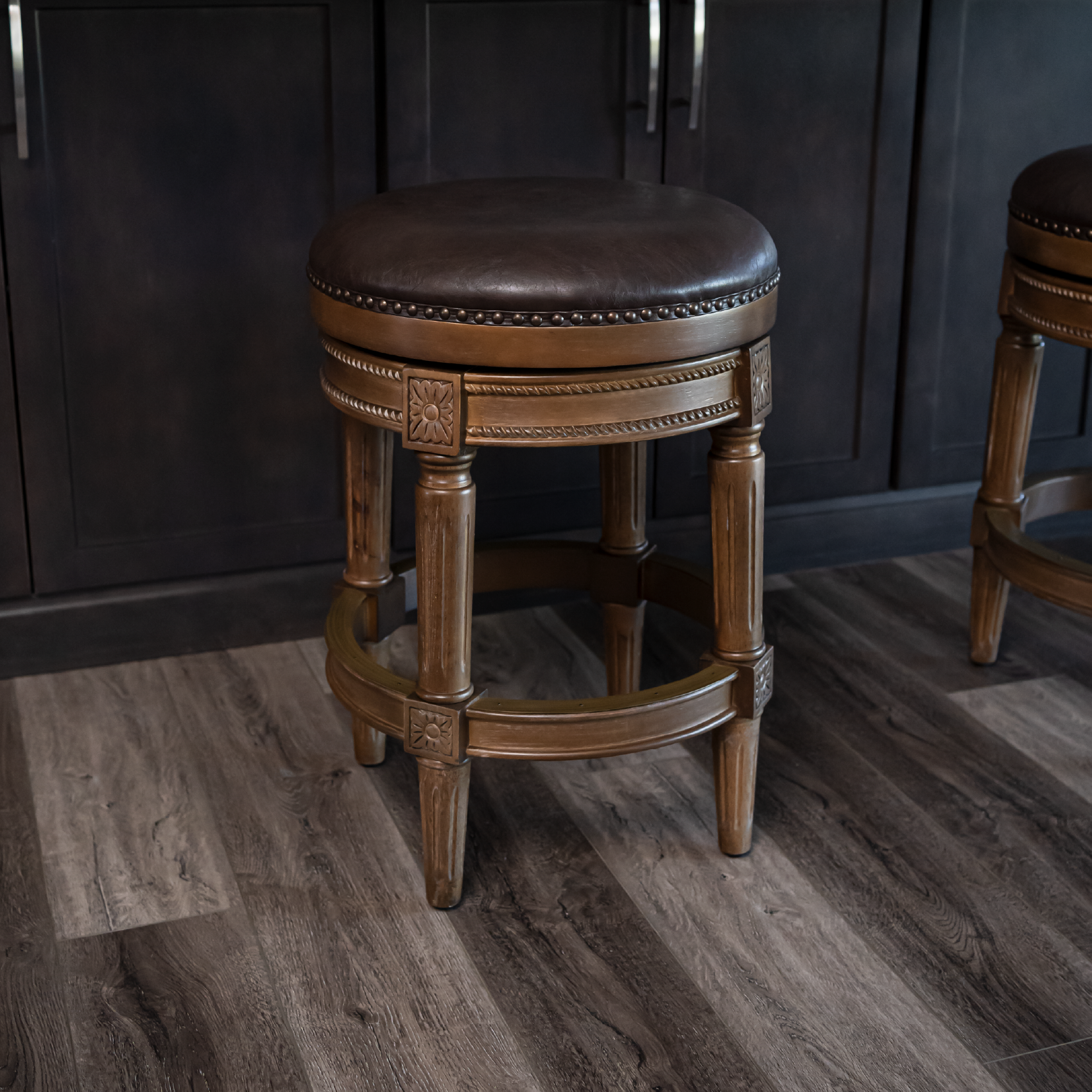 Pullman Backless Swivel Counter Height Kitchen Stool - Walnut Finish With Marksman Saddle Vegan Leather in Stools by Maven Lane