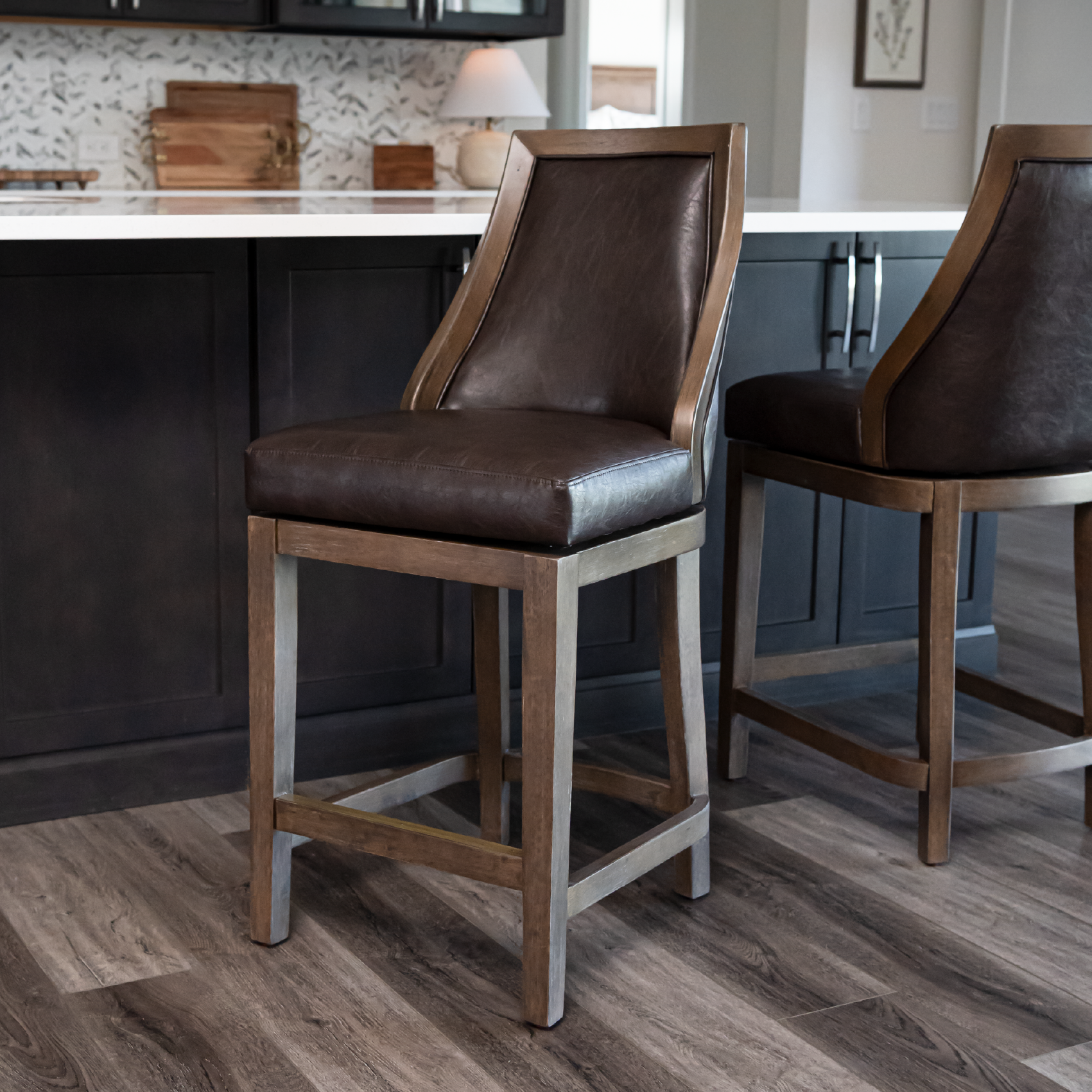 Vienna Swivel Counter Height Kitchen Stool - Walnut Finish with Marksman Saddle Vegan Leather in Stools by Maven Lane
