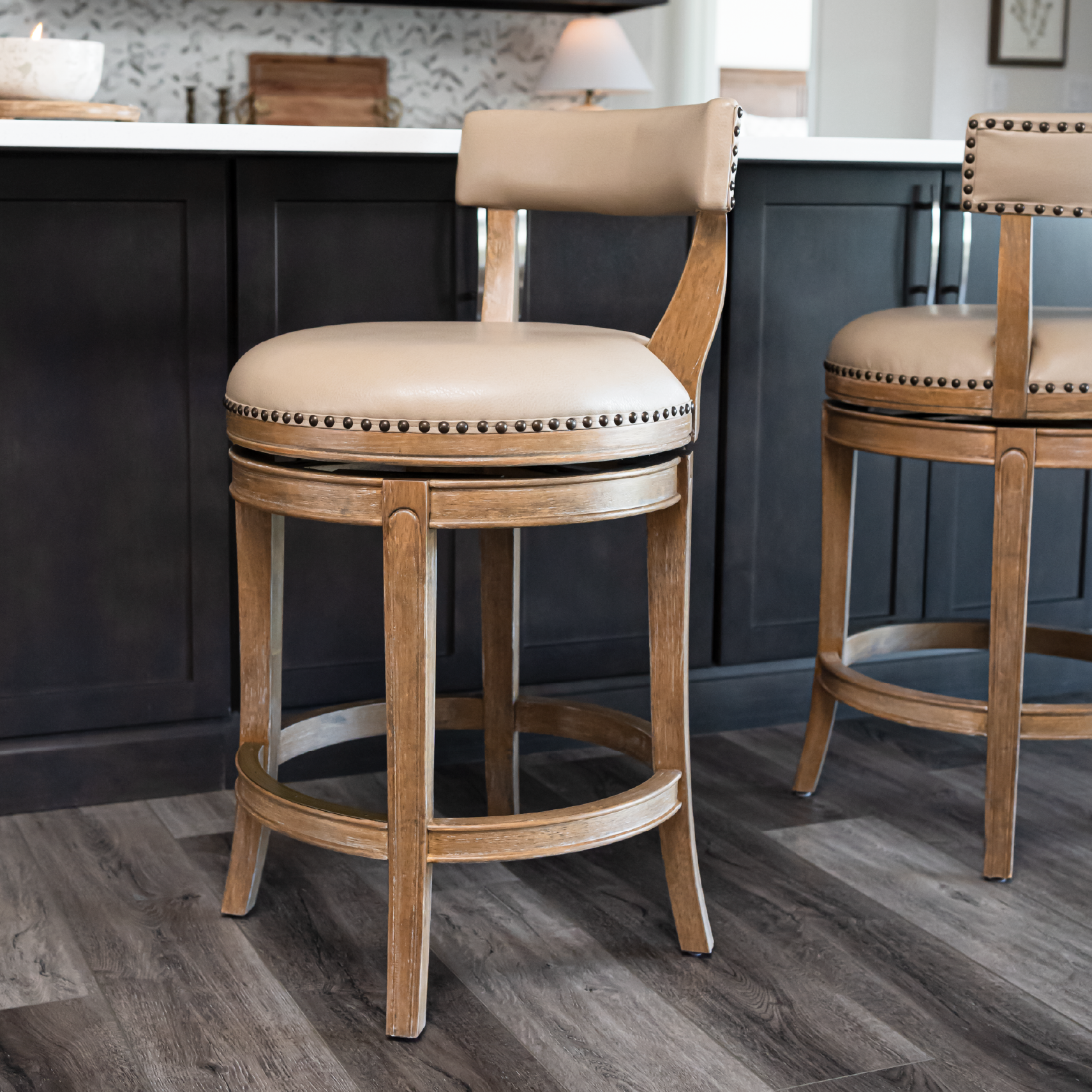 Alexander Swivel Counter Height Kitchen Stool - Weathered Oak Finish with Avanti Bone Vegan Leather in Stools by Maven Lane