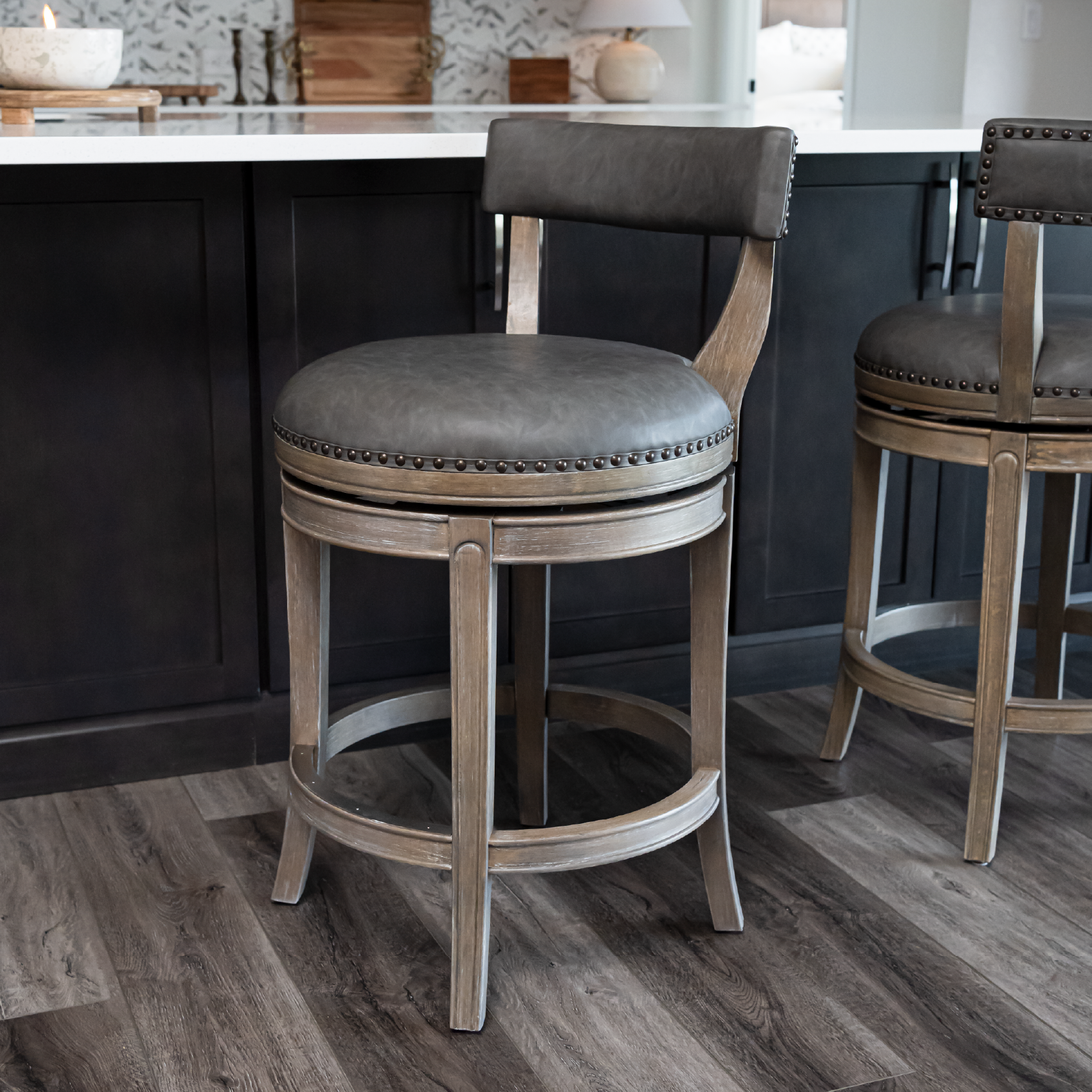 Alexander Swivel Counter Height Kitchen Stool - Reclaimed Oak Finish with Ronan Stone Vegan Leather