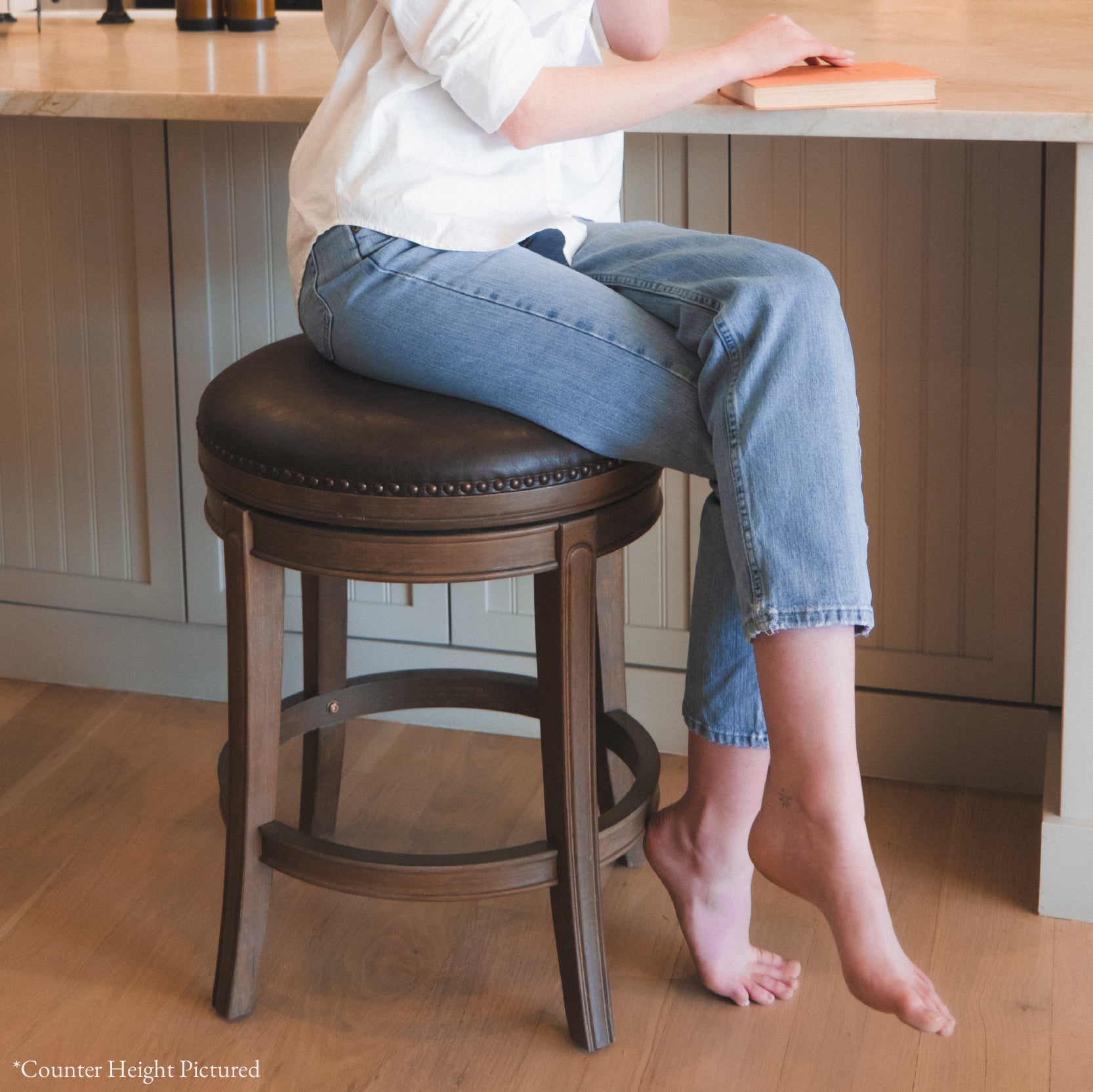 Alexander Backless Bar Stool in Brown Finish with Brown Faux Leather Upholstery in Stools by Maven Lane