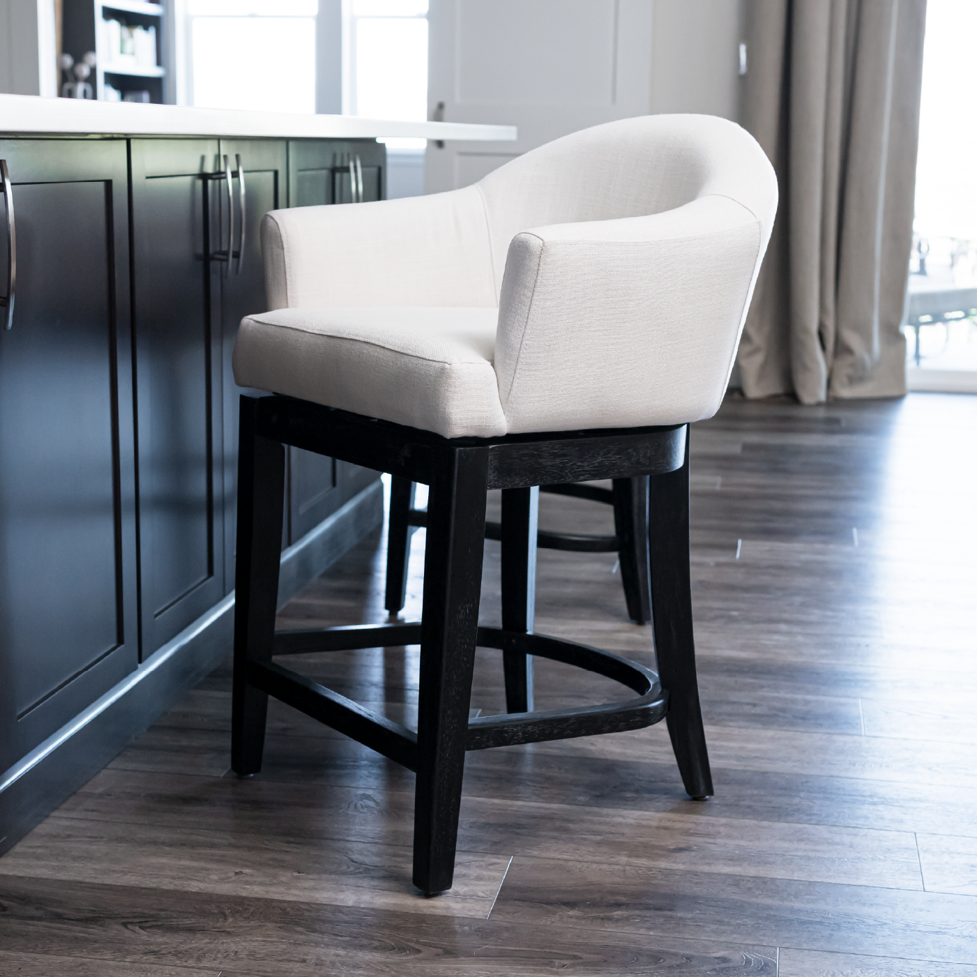 Isabella Swivel Counter Height Kitchen Stool - Aged Black Finish with Snow White Fabric