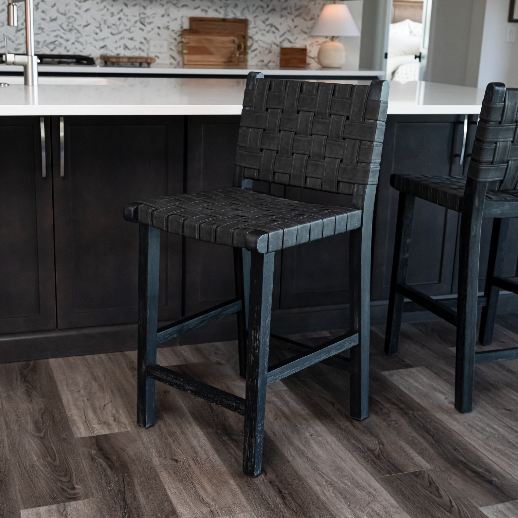 Noah Counter Height Kitchen Stool - Aged Black Finish With Charcoal Black Vegan Leather