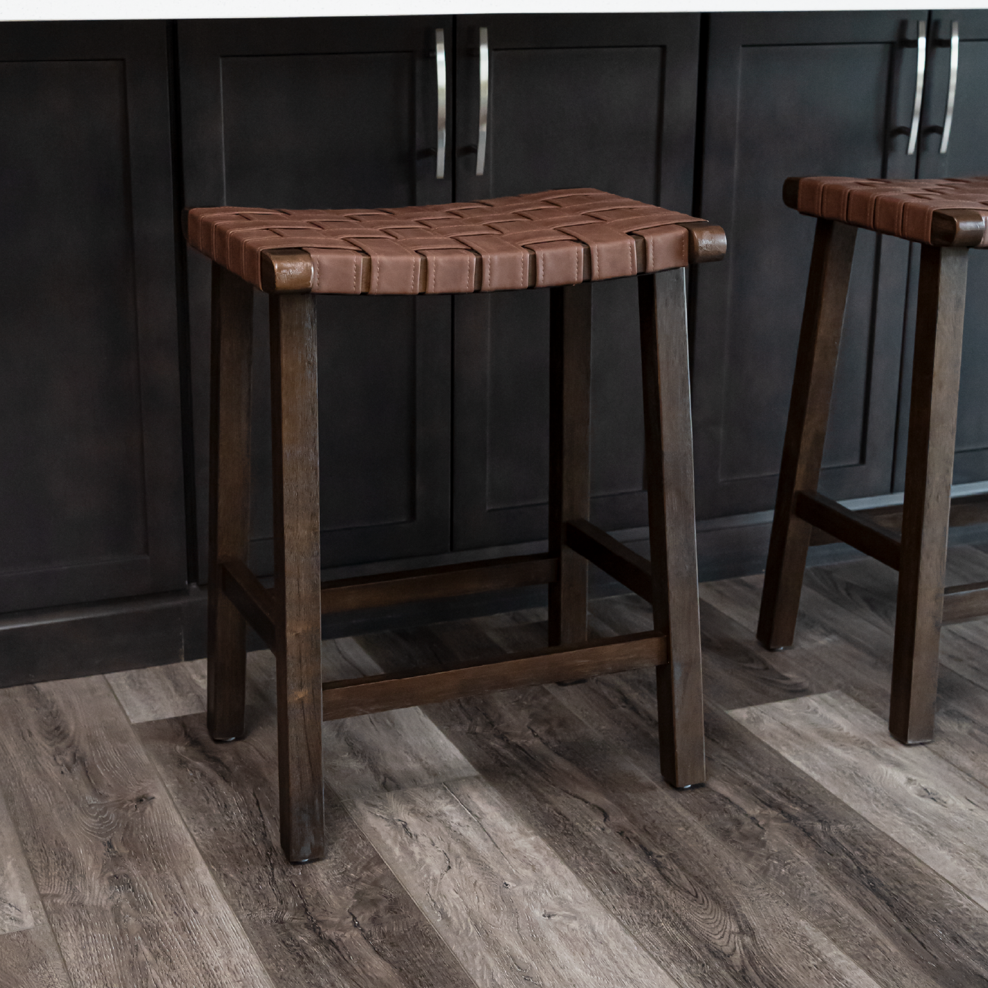 Noah Backless Counter Height Kitchen Stool - Aged Brown Finish with Cocoa Brown Vegan Leather