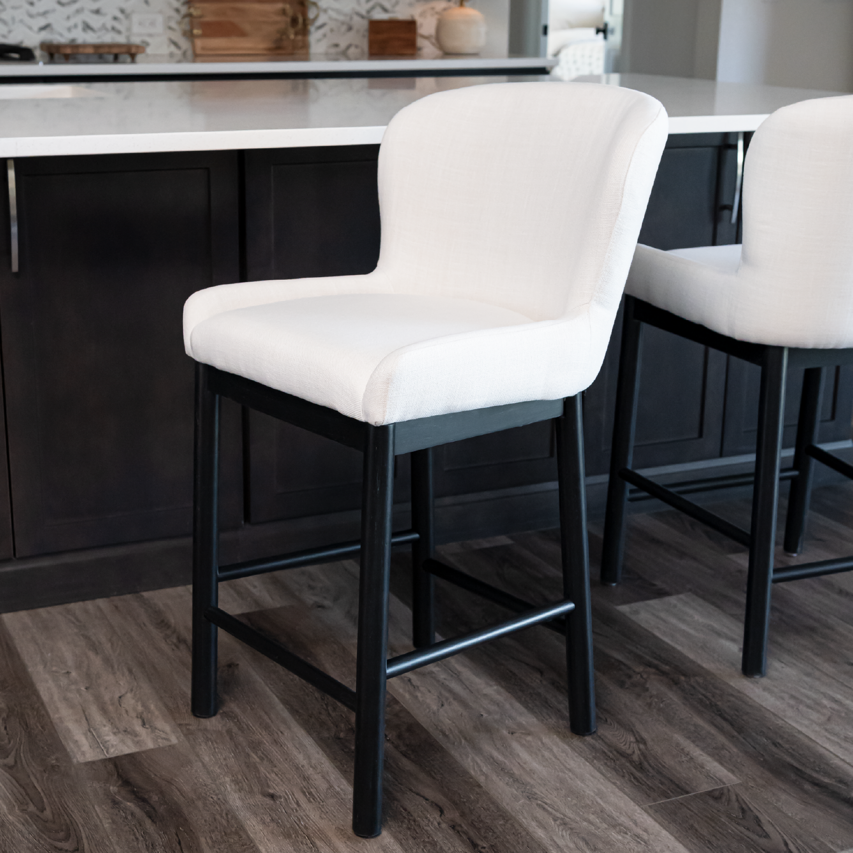 Gia Counter Height Kitchen Stool - Aged Black Finish with Dove Weave Fabric