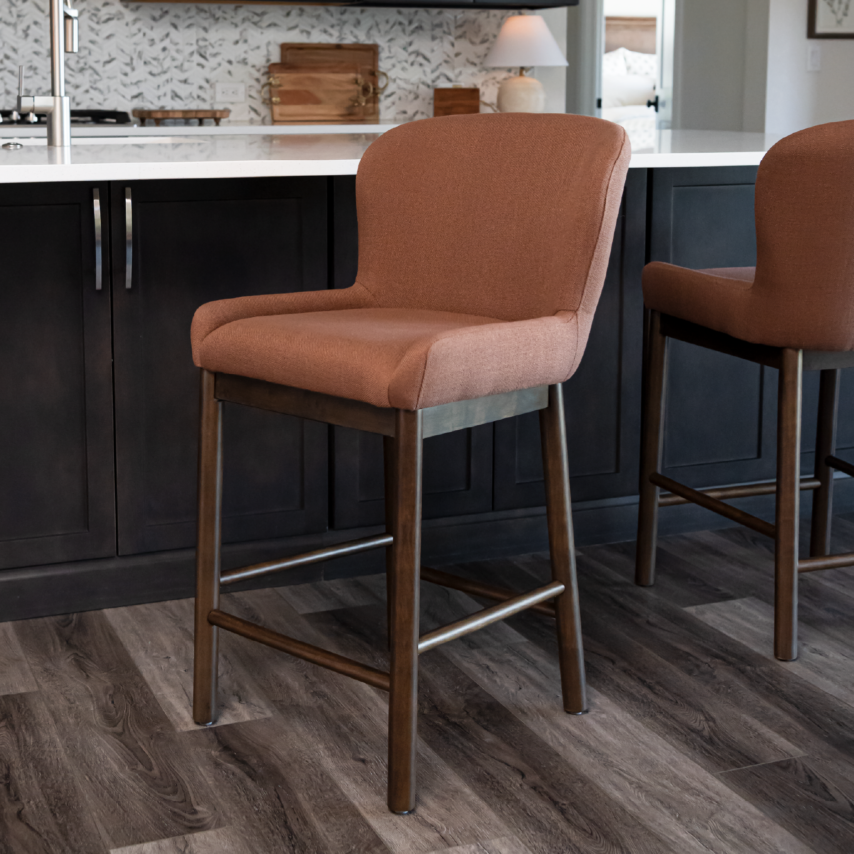 Gia Counter Height Kitchen Stool - Aged Brown Finish with Clay Canvas Fabric in Stools by Maven Lane
