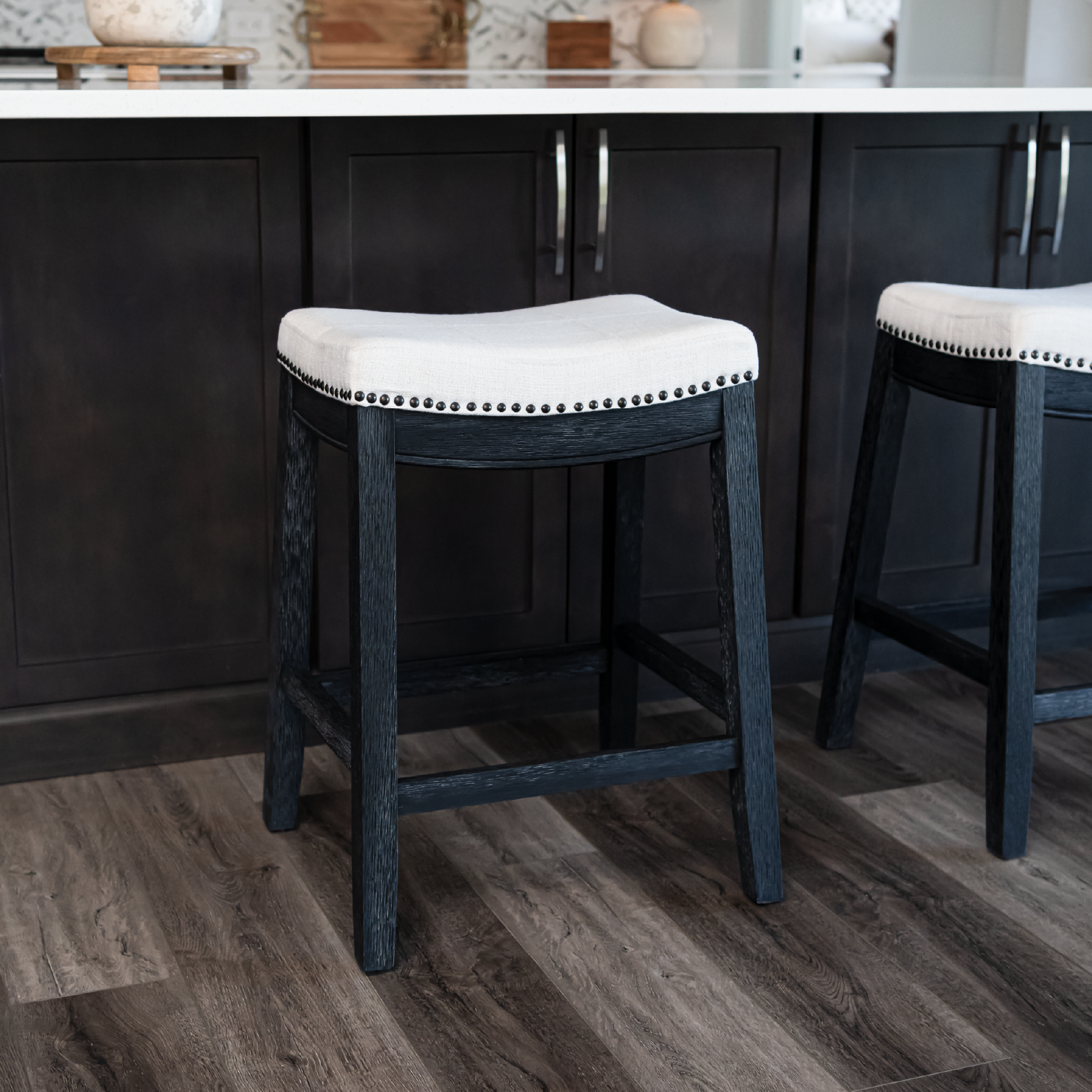 Sophia Saddle Backless Counter Height Kitchen Stool - Aged Black Finish with Snow White Fabric
