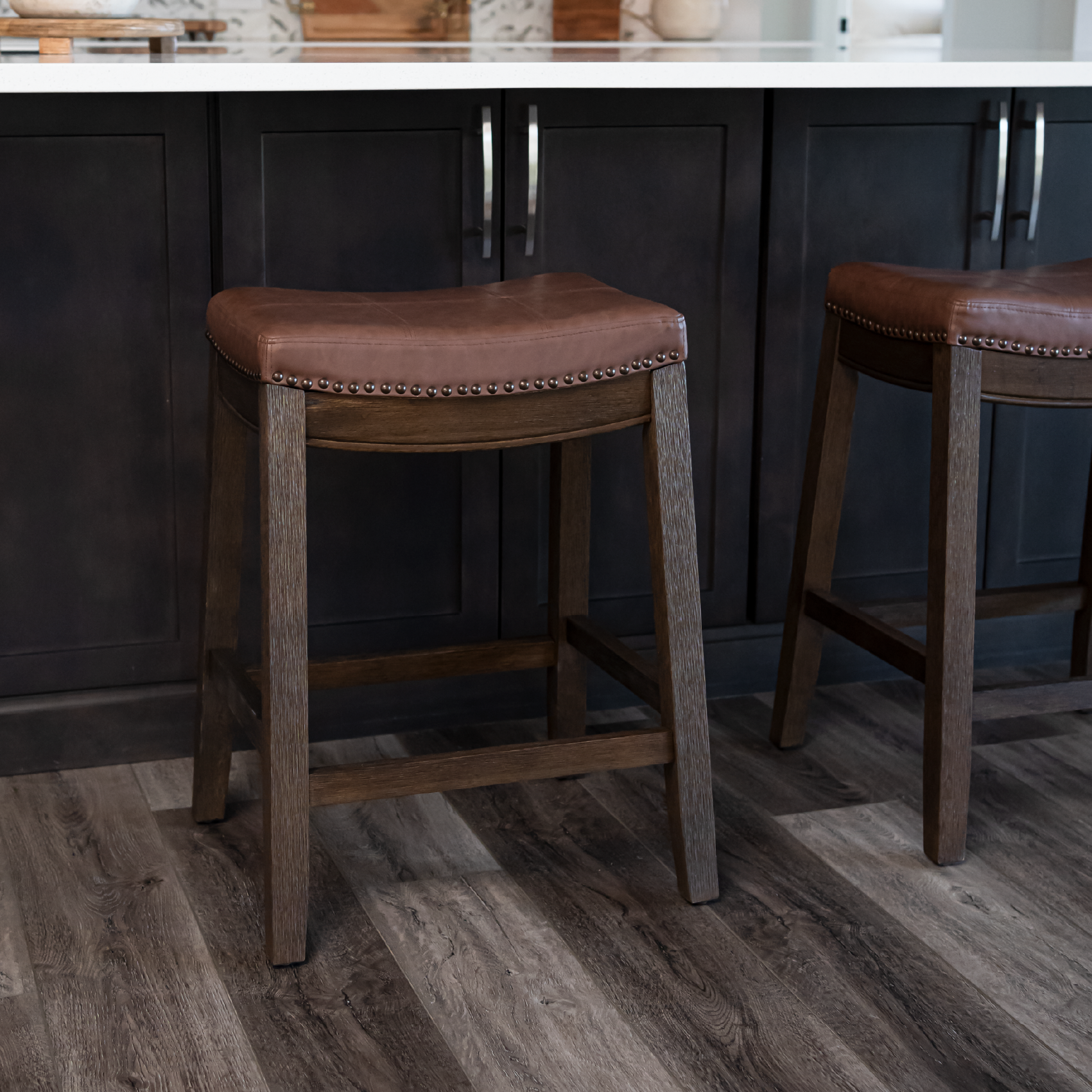 Sophia Saddle Backless Counter Height Kitchen Stool - Aged Brown Finish with Cocoa Brown Vegan Leather in Stools by Maven Lane