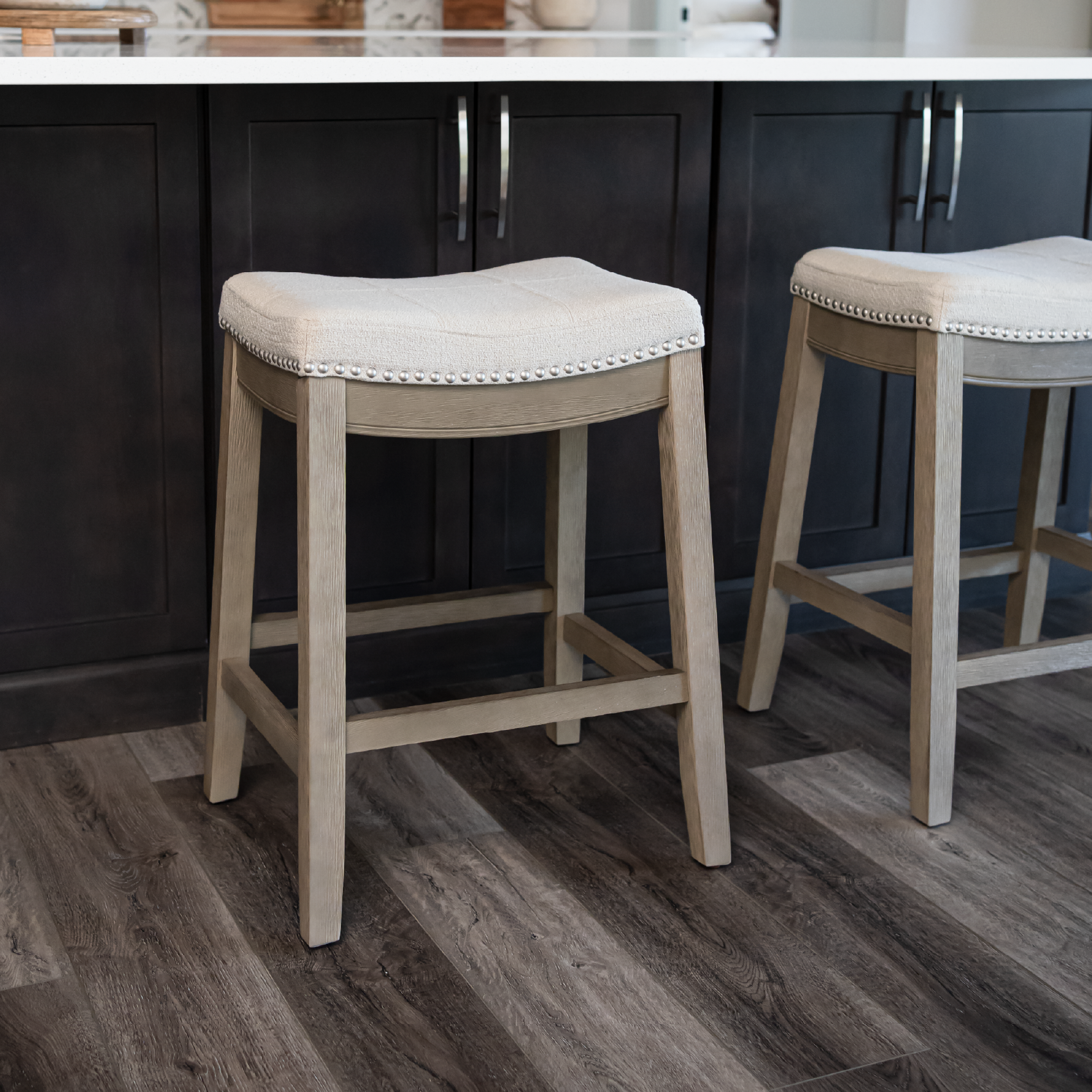 Sophia Saddle Backless Counter Height Kitchen Stool - Aged Grey Finish with Dove Grey Fabric