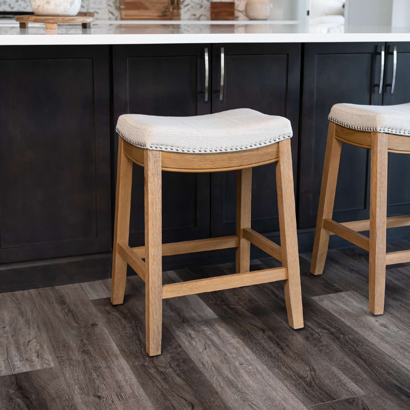 Sophia Saddle Backless Counter Height Kitchen Stool - Aged Natural Finish with Light Beige Fabric